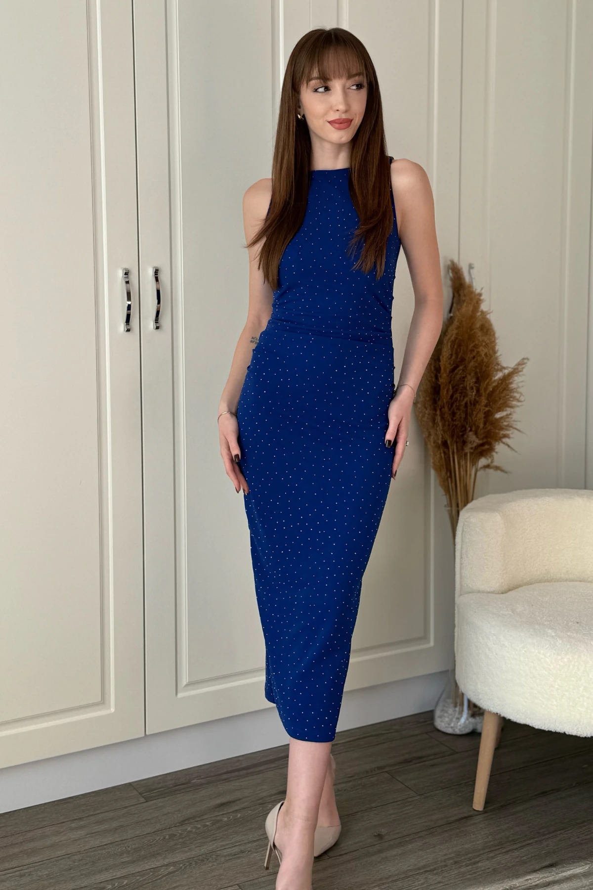 Drapeli Taşlı Midi Elbise