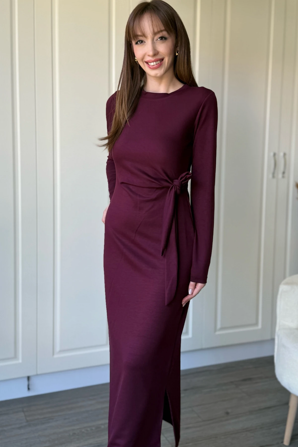Bağlamalı Modal Uzun Kollu Midi Bordo Elbise