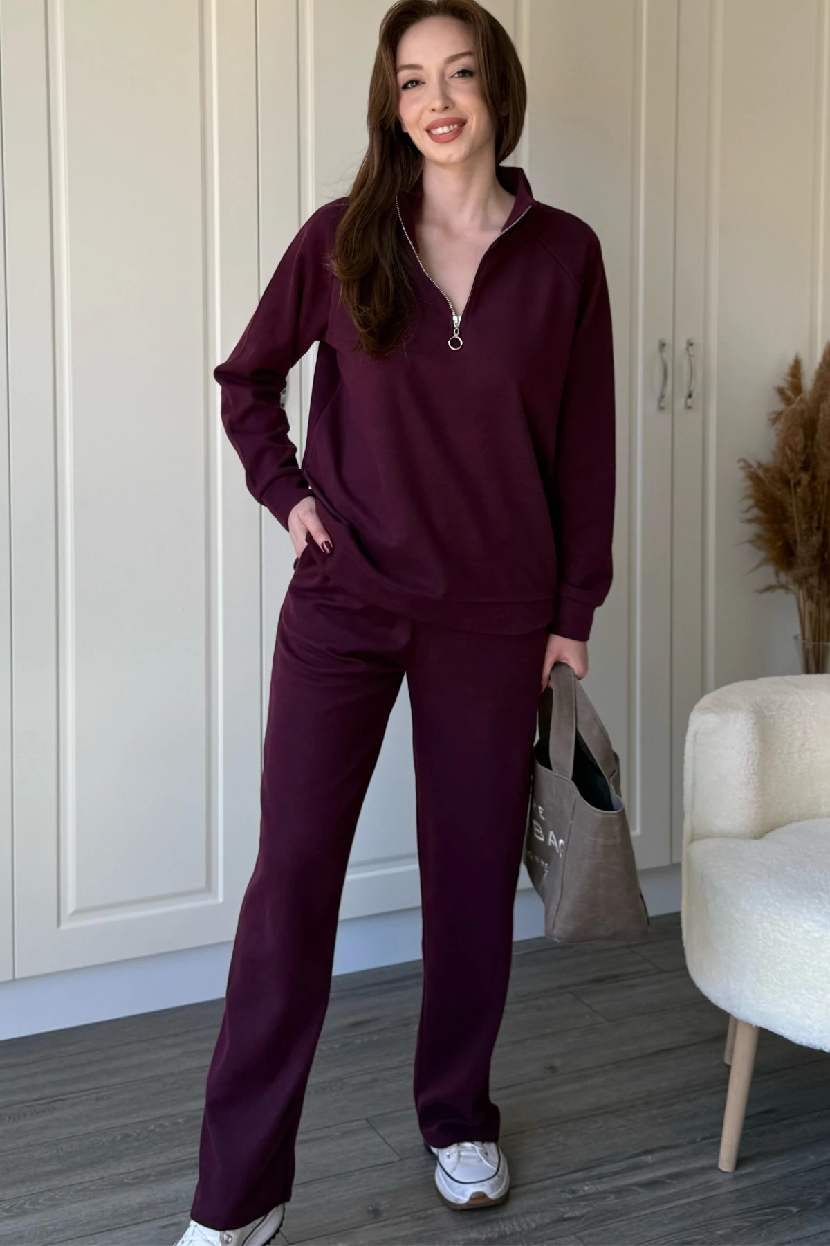 Fermuarlı Dik Yaka Selanik Kumaş Sweatshirt Takım