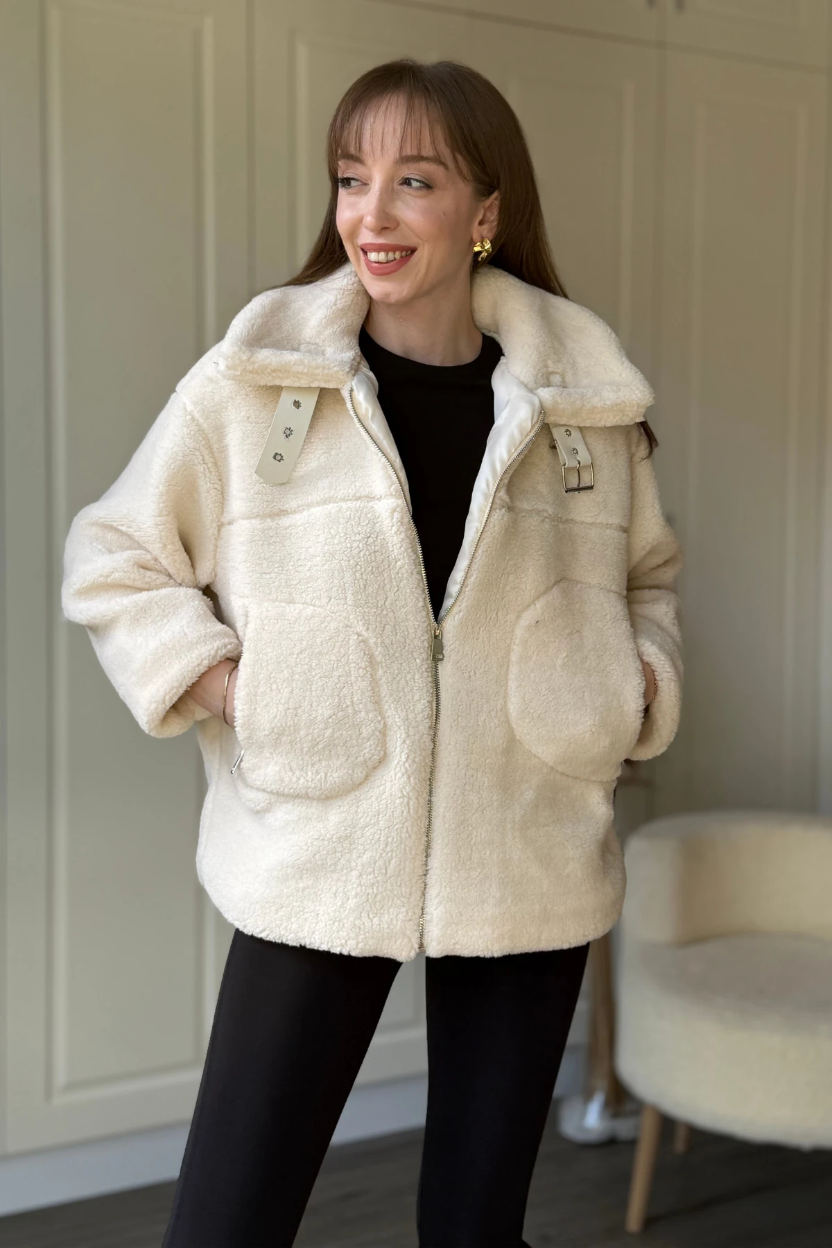 Peluş Fermuarlı Boğazı Kemer Detaylı Biker Ceket