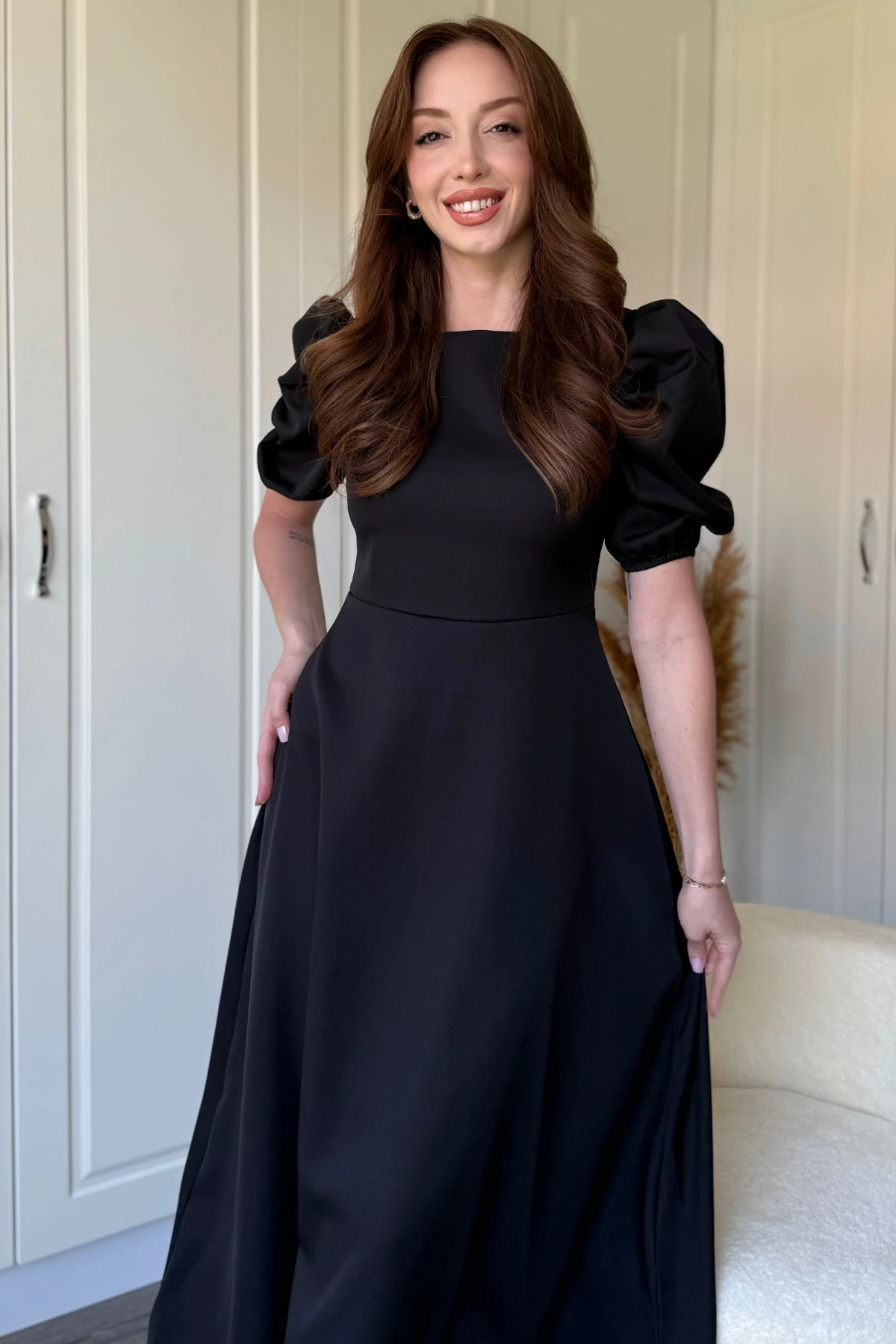 Balon Kol Midi Kırmızı Elbise