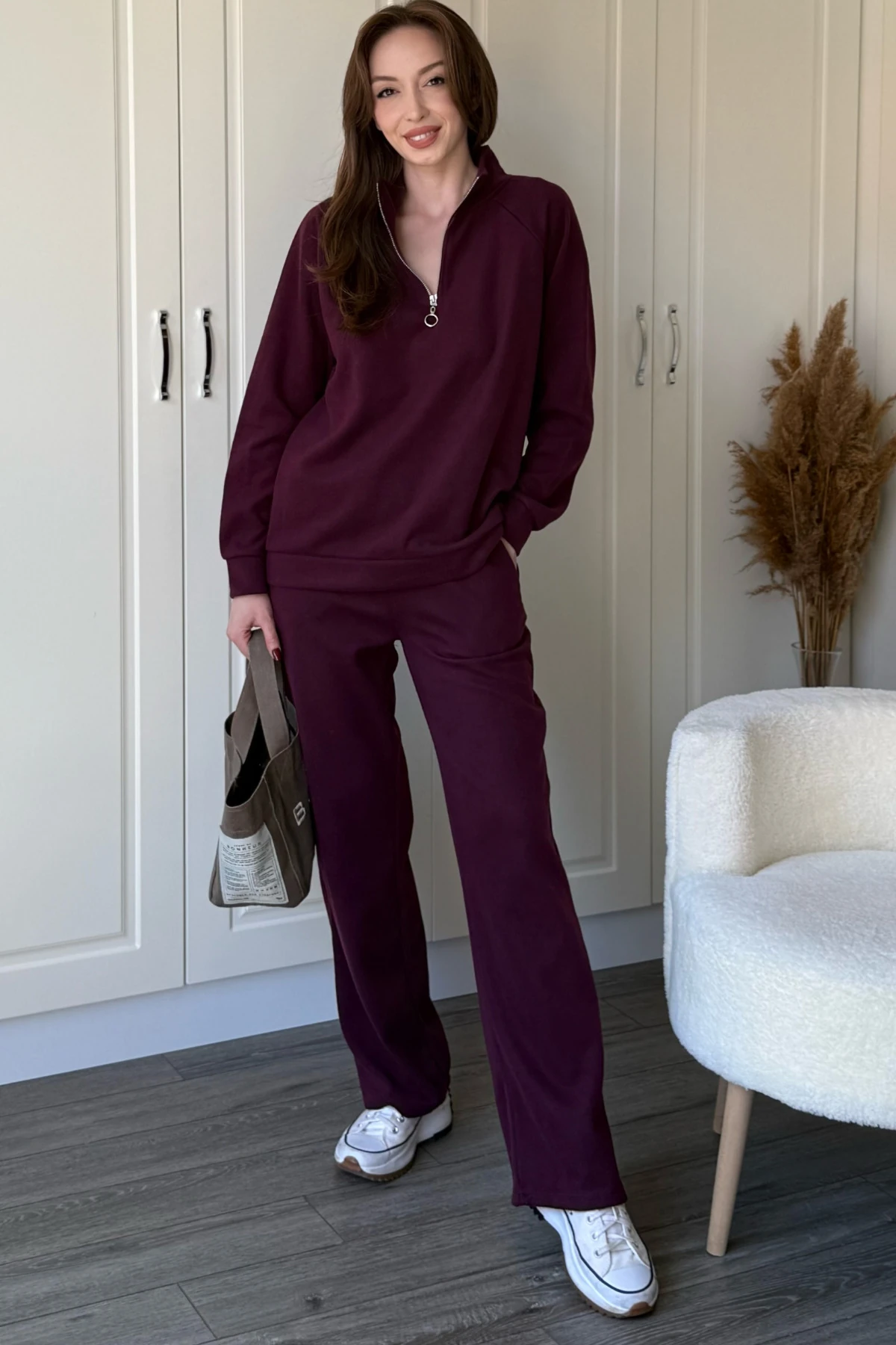 Fermuarlı Dik Yaka Selanik Kumaş Sweatshirt Takım