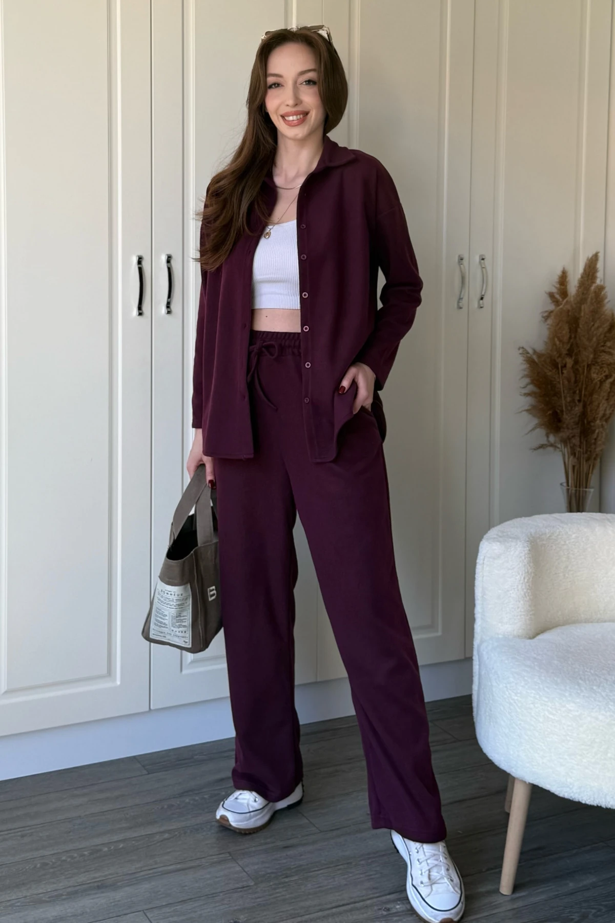 Düğmeli Uzun Kollu Selanik Kumaş Bordo Gömlek Takım