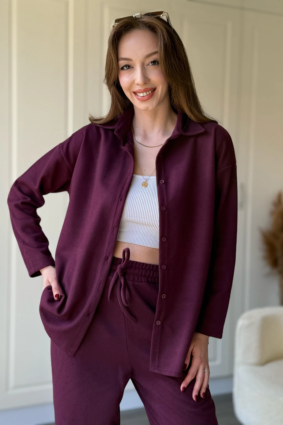 Düğmeli Uzun Kollu Selanik Kumaş Bordo Gömlek Takım