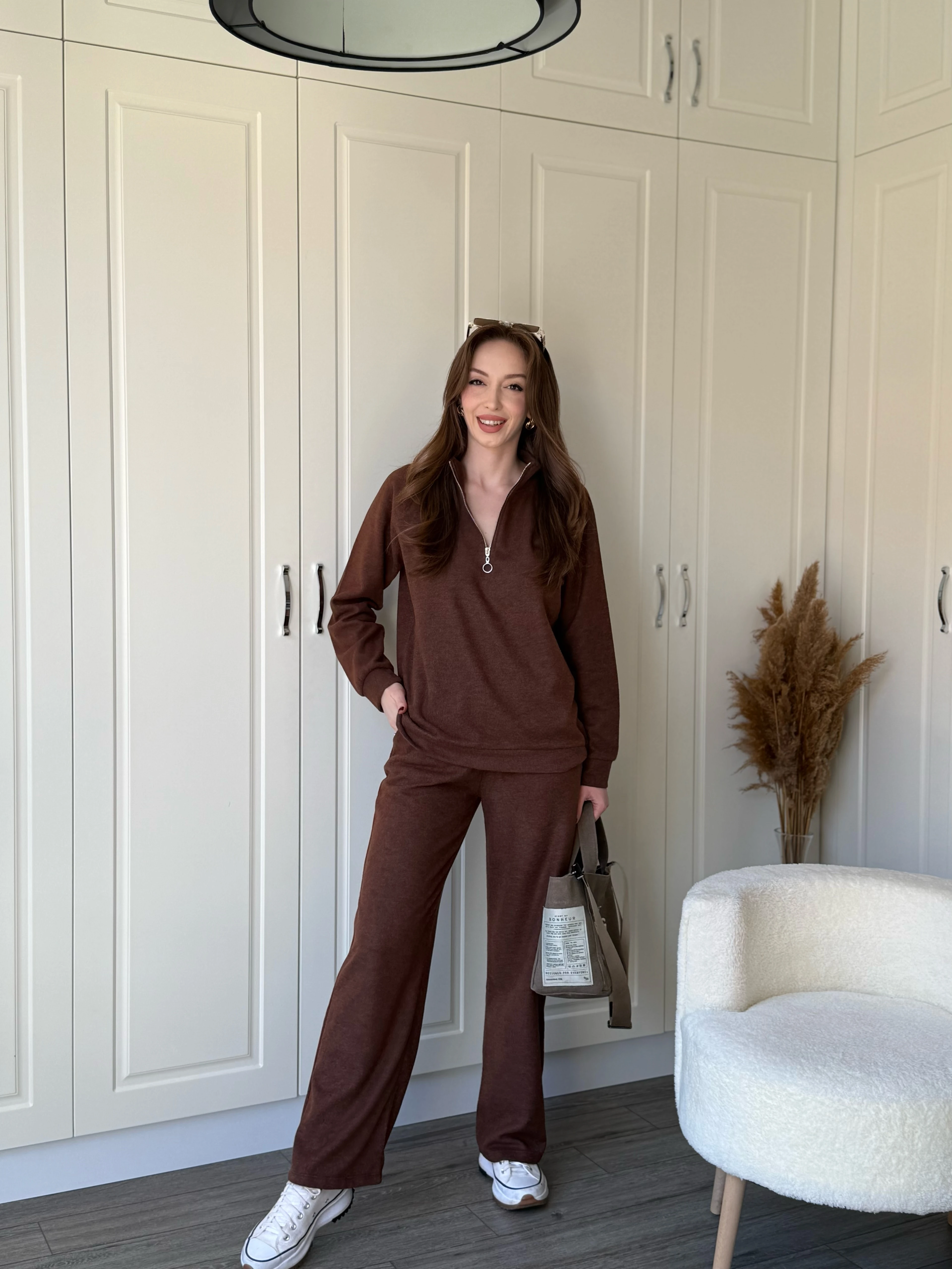 Fermuarlı Dik Yaka Selanik Kumaş Sweatshirt Takım