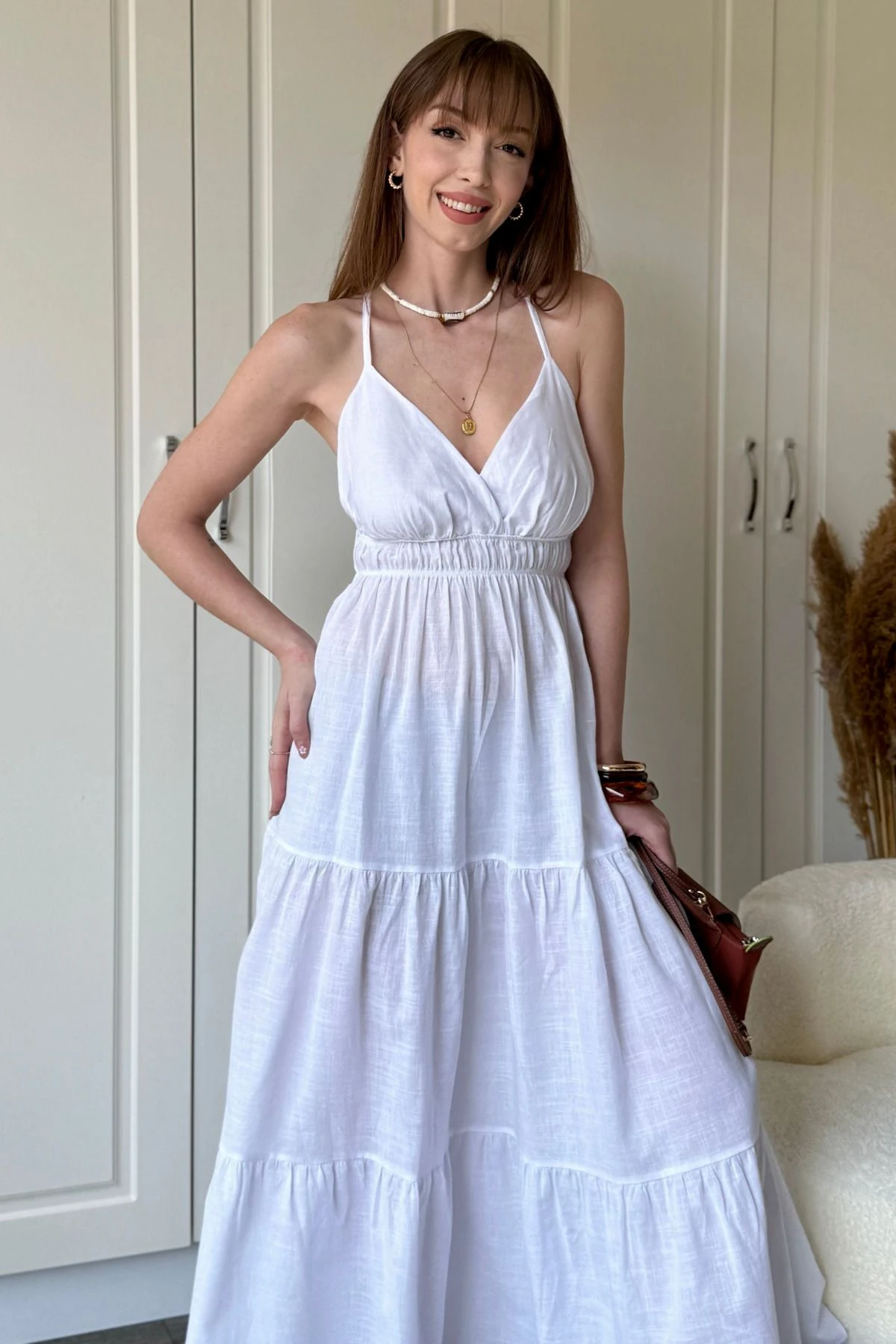 Keten Sırt Detaylı Midi Elbise