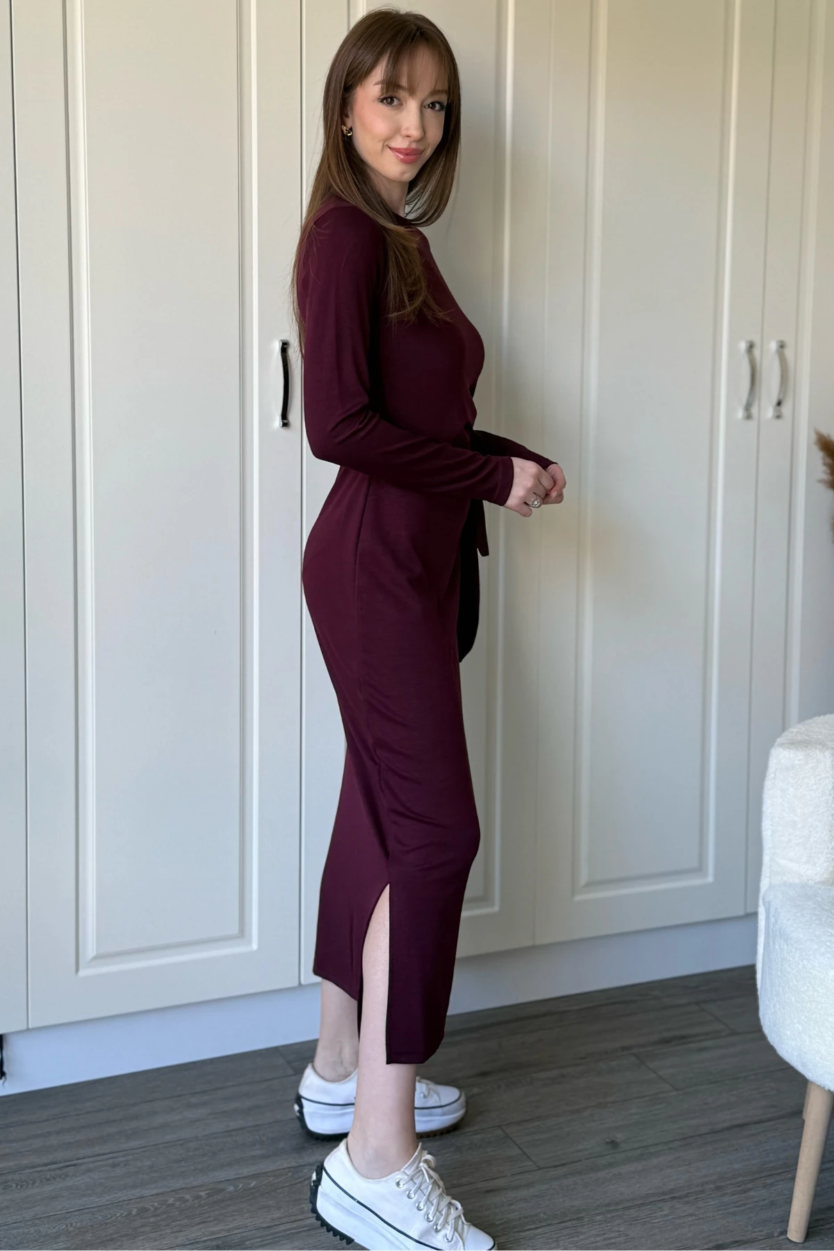 Bağlamalı Modal Uzun Kollu Midi Bordo Elbise