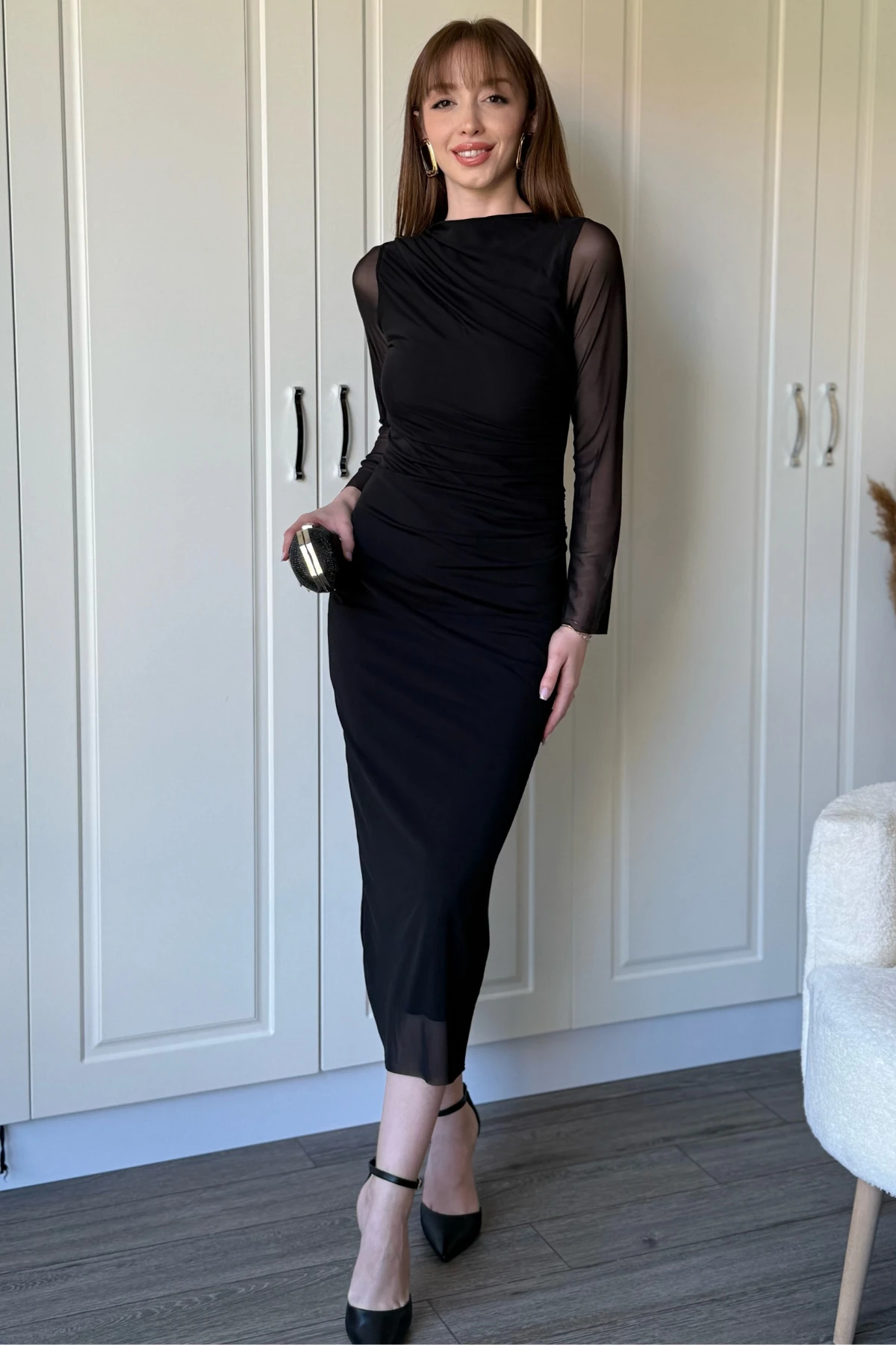 Drapeli Uzun Kollu Siyah Tül Elbise