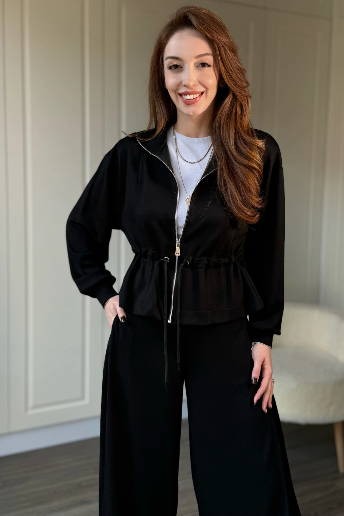 Modal Kumaş Bol Paça Bel Büzgü Detaylı Hırka Pantolon Takım