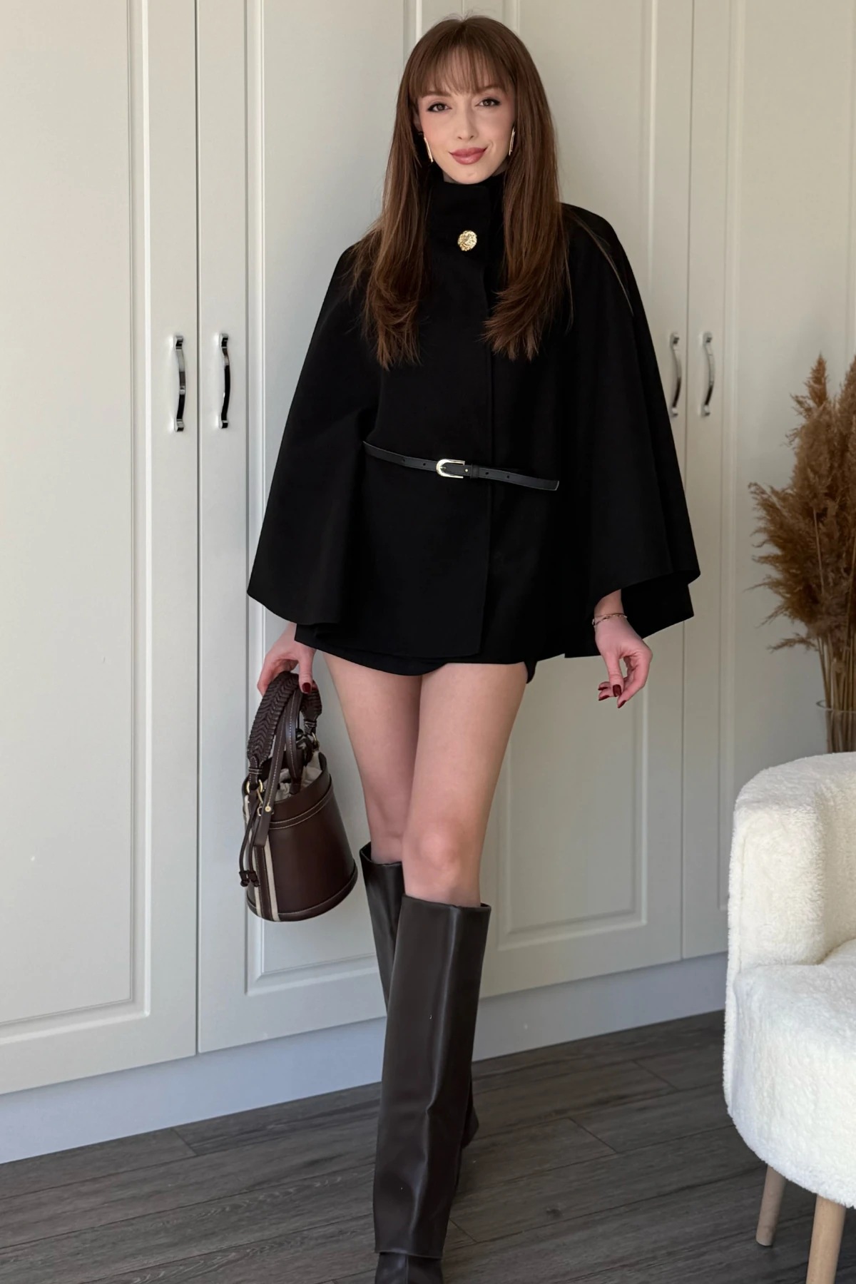 Kemeri Çıkarılabilir Gold Düğmeli Kaşe Panço