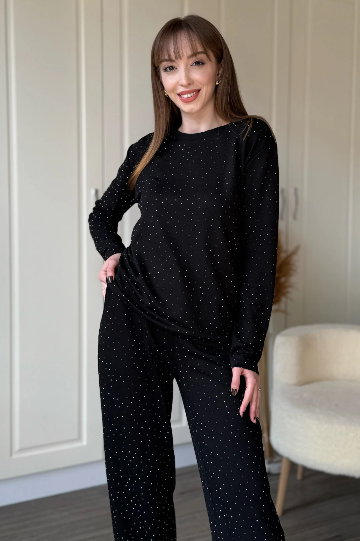 Taşlı Modal Sweatshirt Takım