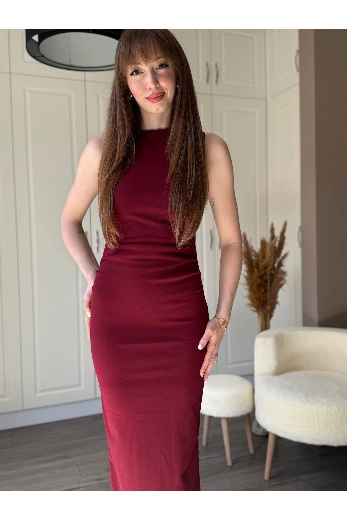 Drapeli Midi Askılı Sırt Detaylı Elbise