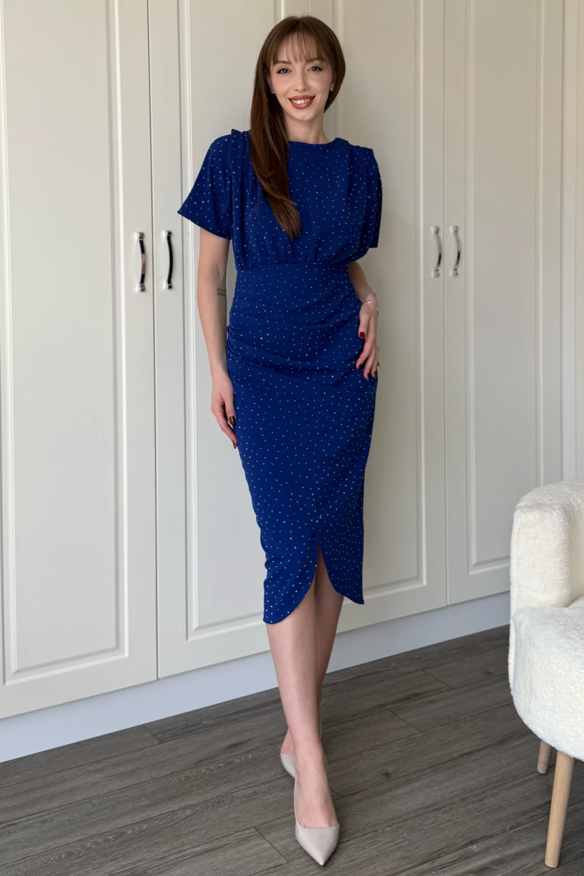 Kısa Kollu Drapeli Taşlı Midi Mavi Elbise