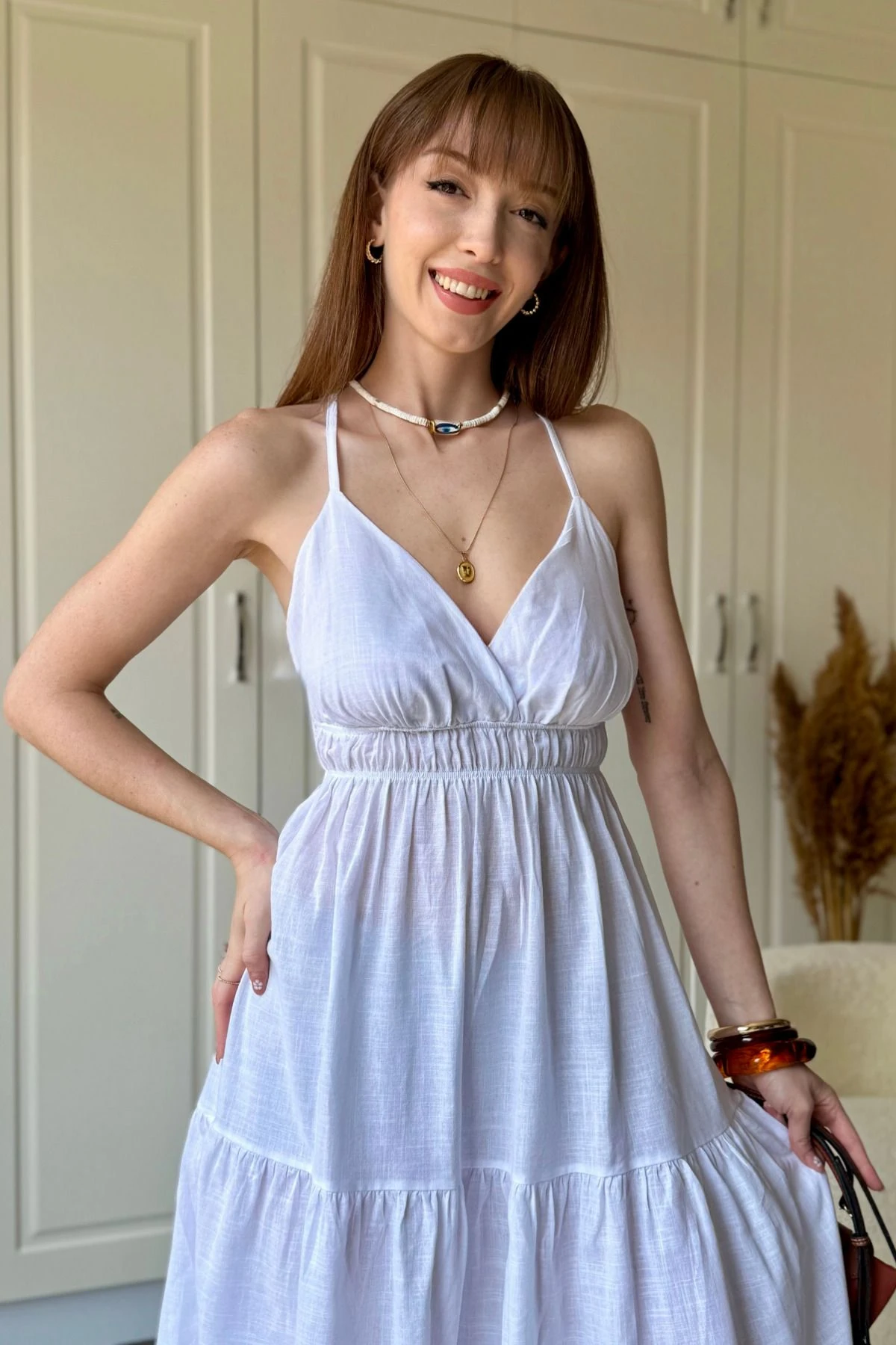 Keten Sırt Detaylı Midi Elbise