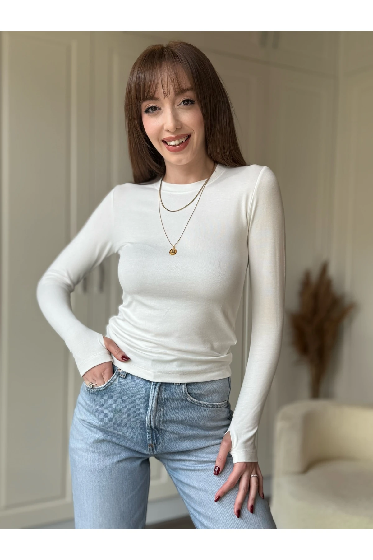 Bisiklet Yaka Uzun Kollu Parmak Geçmeli Body