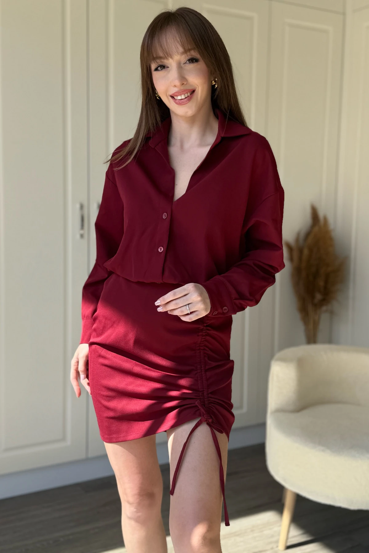 Eteği Ayarlanabilir Büzgülü Bordo Gömlek Elbise