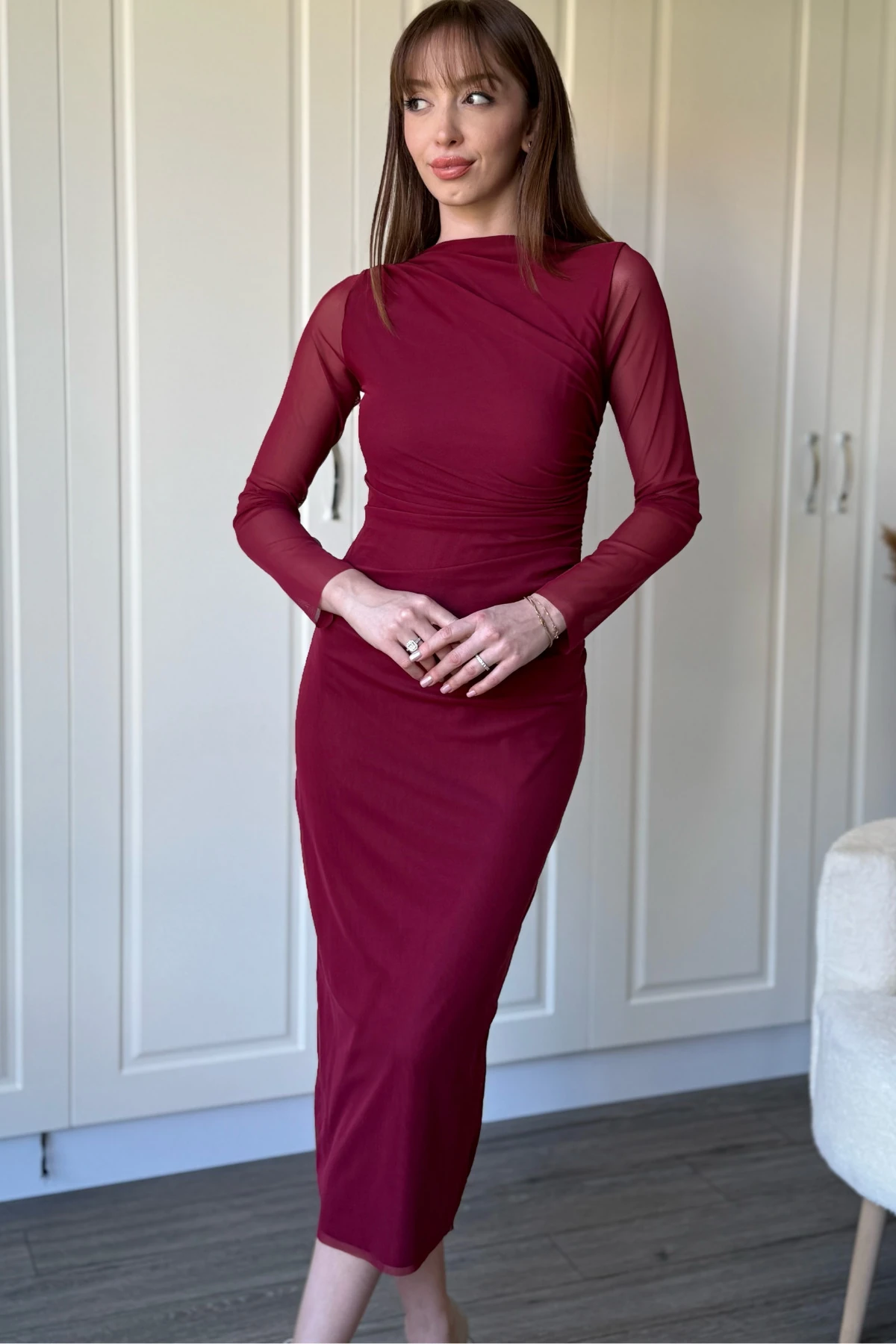 Drapeli Uzun Kollu Bordo Tül Elbise