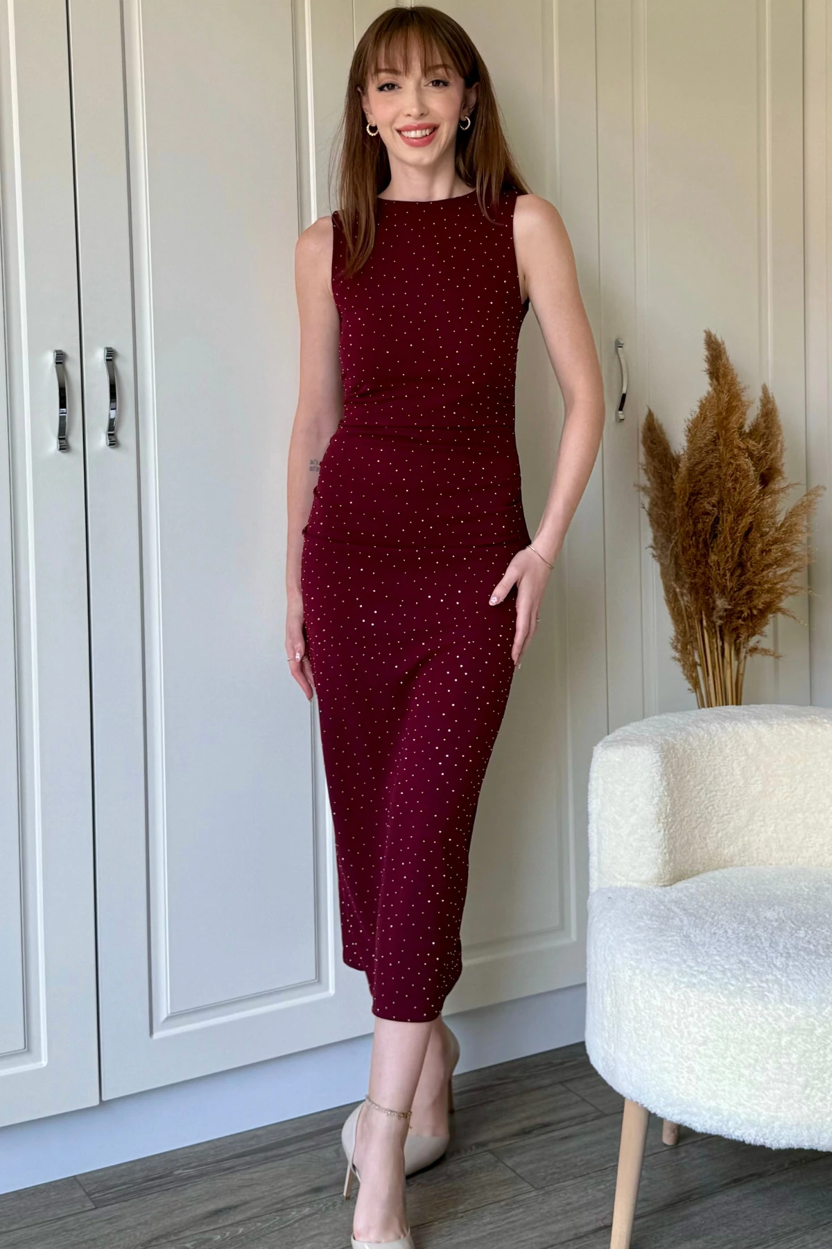 Drapeli Taşlı Midi Bordo Elbise