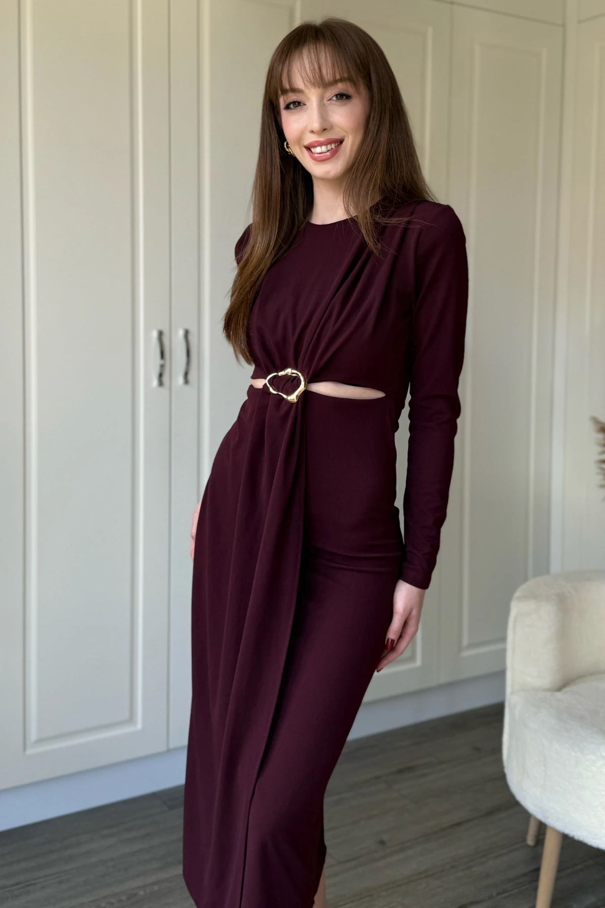 Bel Detaylı Uzun Kollu Midi Bordo Elbise