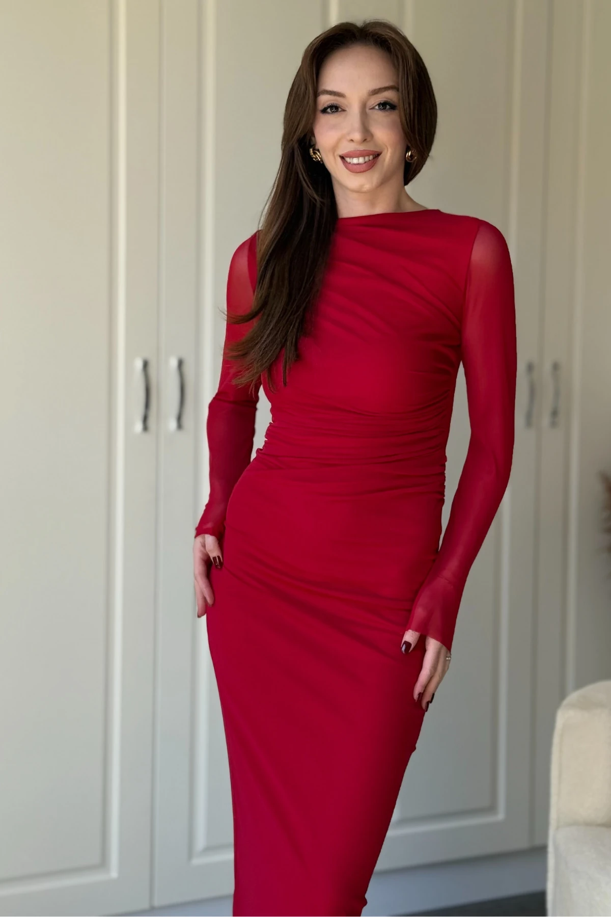 Drapeli Uzun Kol Kırmızı Midi Tül Elbise