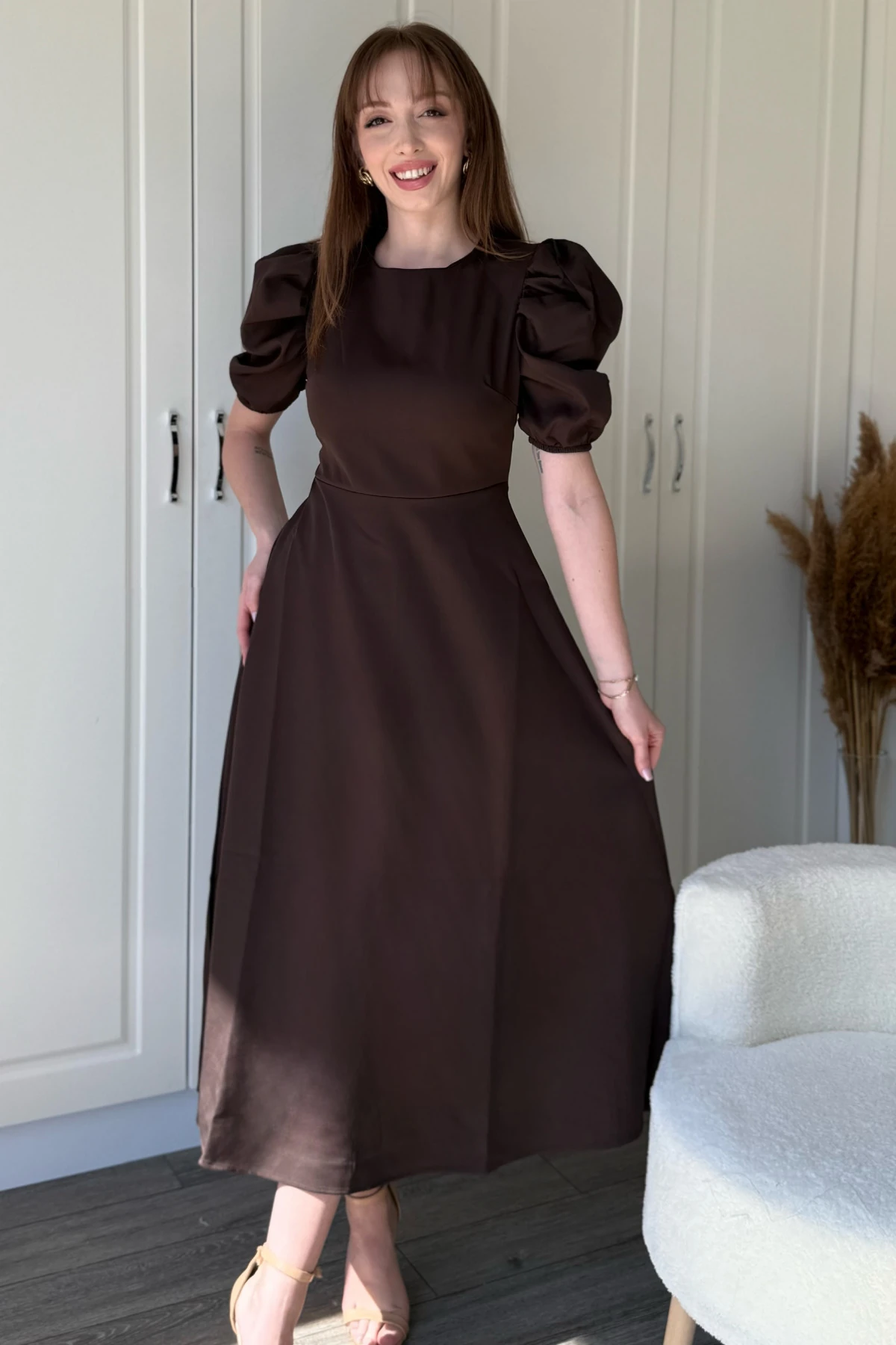 Balon Kol Midi Kahverengi Midi Elbise