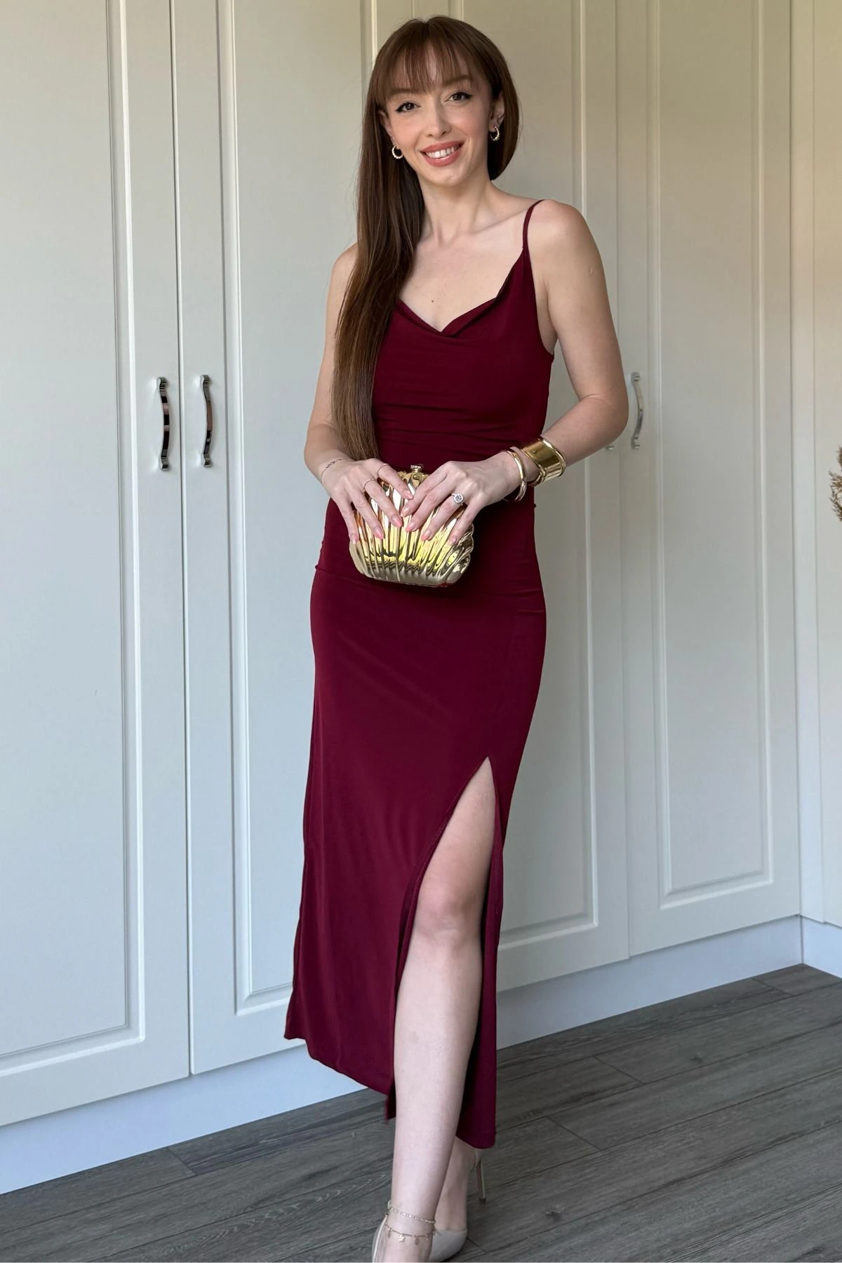 Sandy Kumaş Degaje Yaka  Uzun Elbise