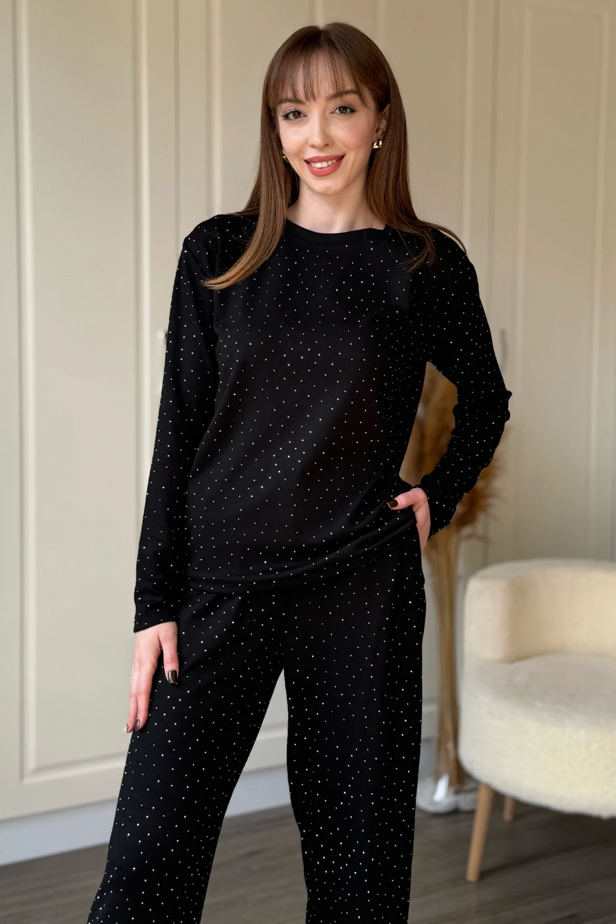 Taşlı Modal Sweatshirt Takım