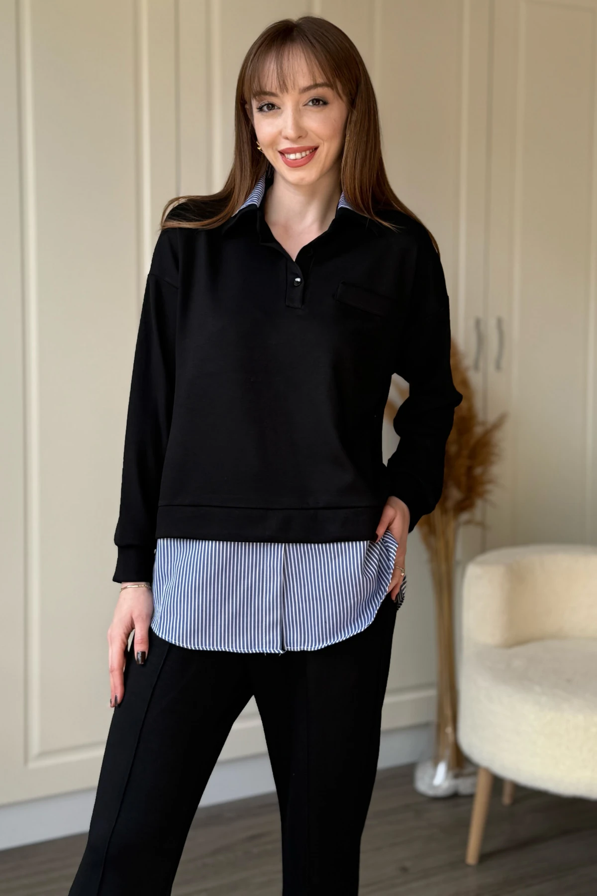 Gömlek Detaylı Polo Yaka Düğmeli Pantolon Takım