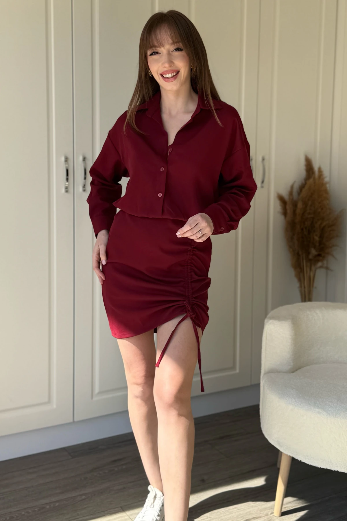 Eteği Ayarlanabilir Büzgülü Bordo Gömlek Elbise