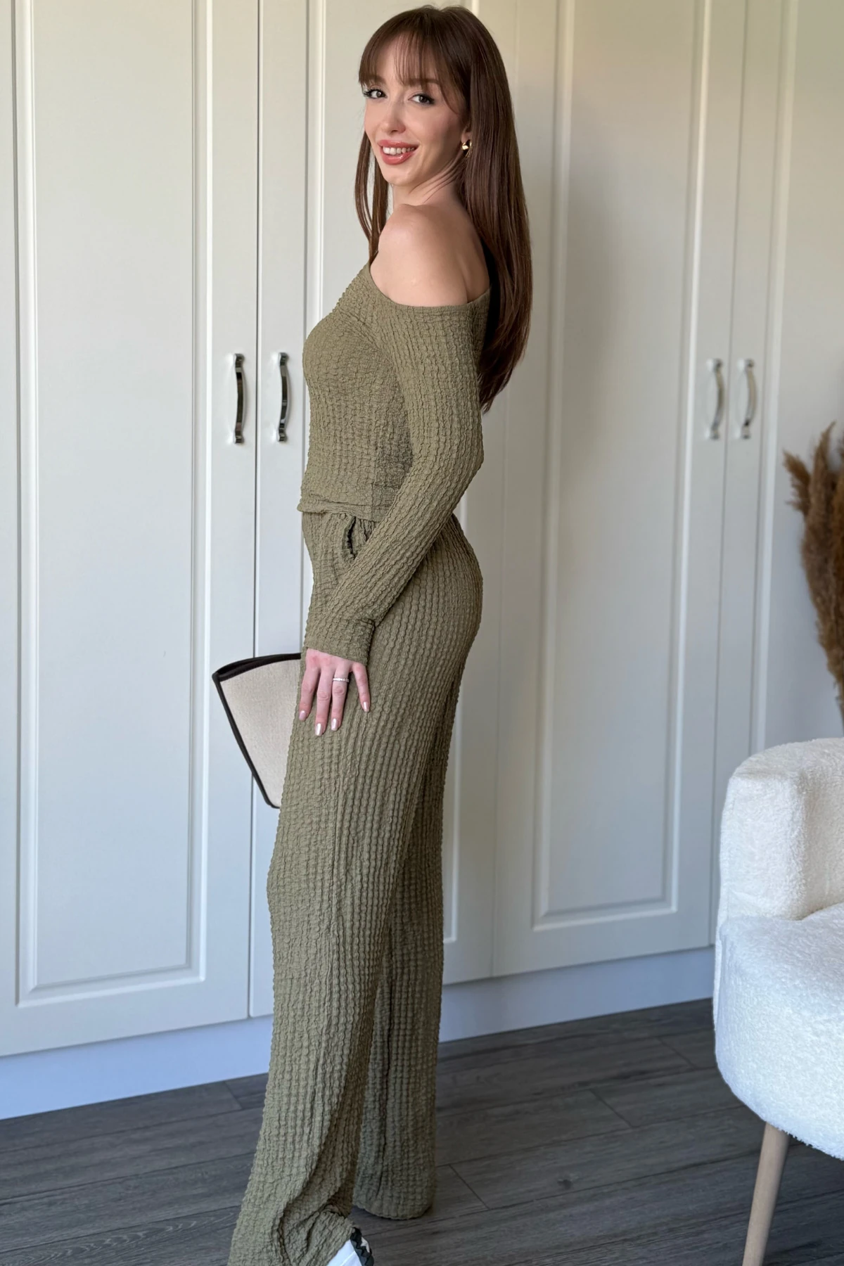 Gofre Kumaş Tek Omuz Detaylı Haki Takım