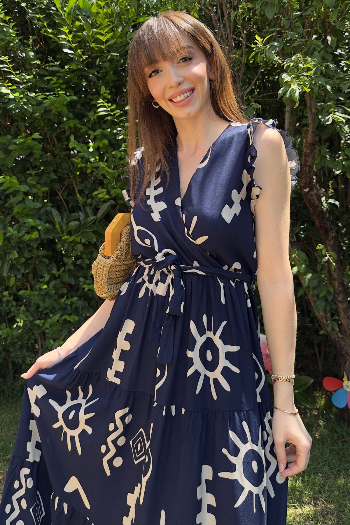 Kruvaze Desenli Midi Elbise