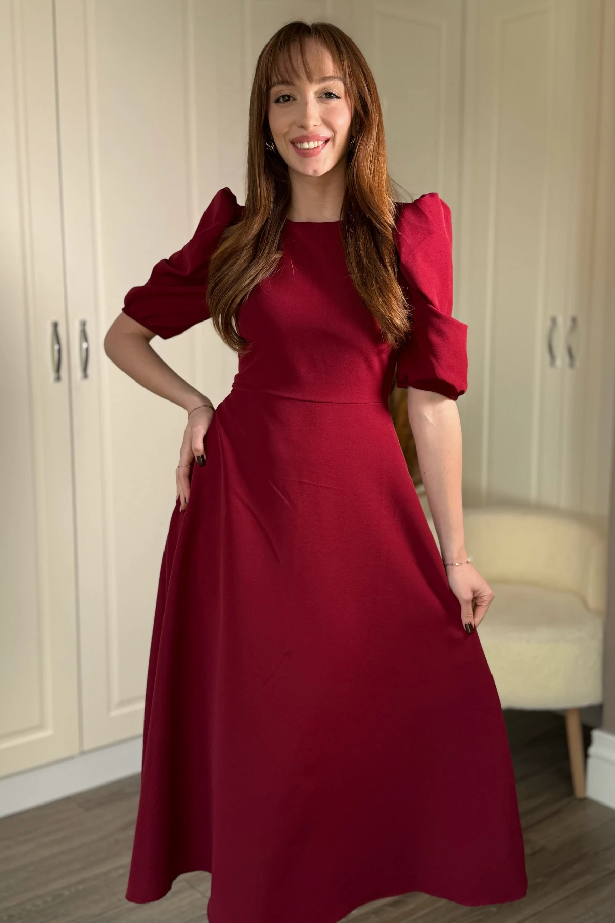 Balon Kol Midi Bordo Elbise