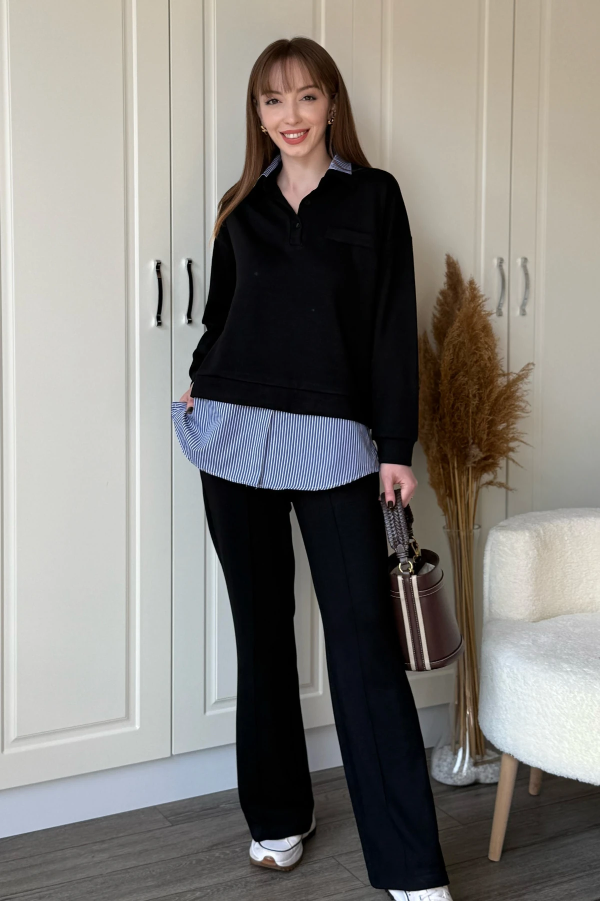 Gömlek Detaylı Polo Yaka Düğmeli Pantolon Takım