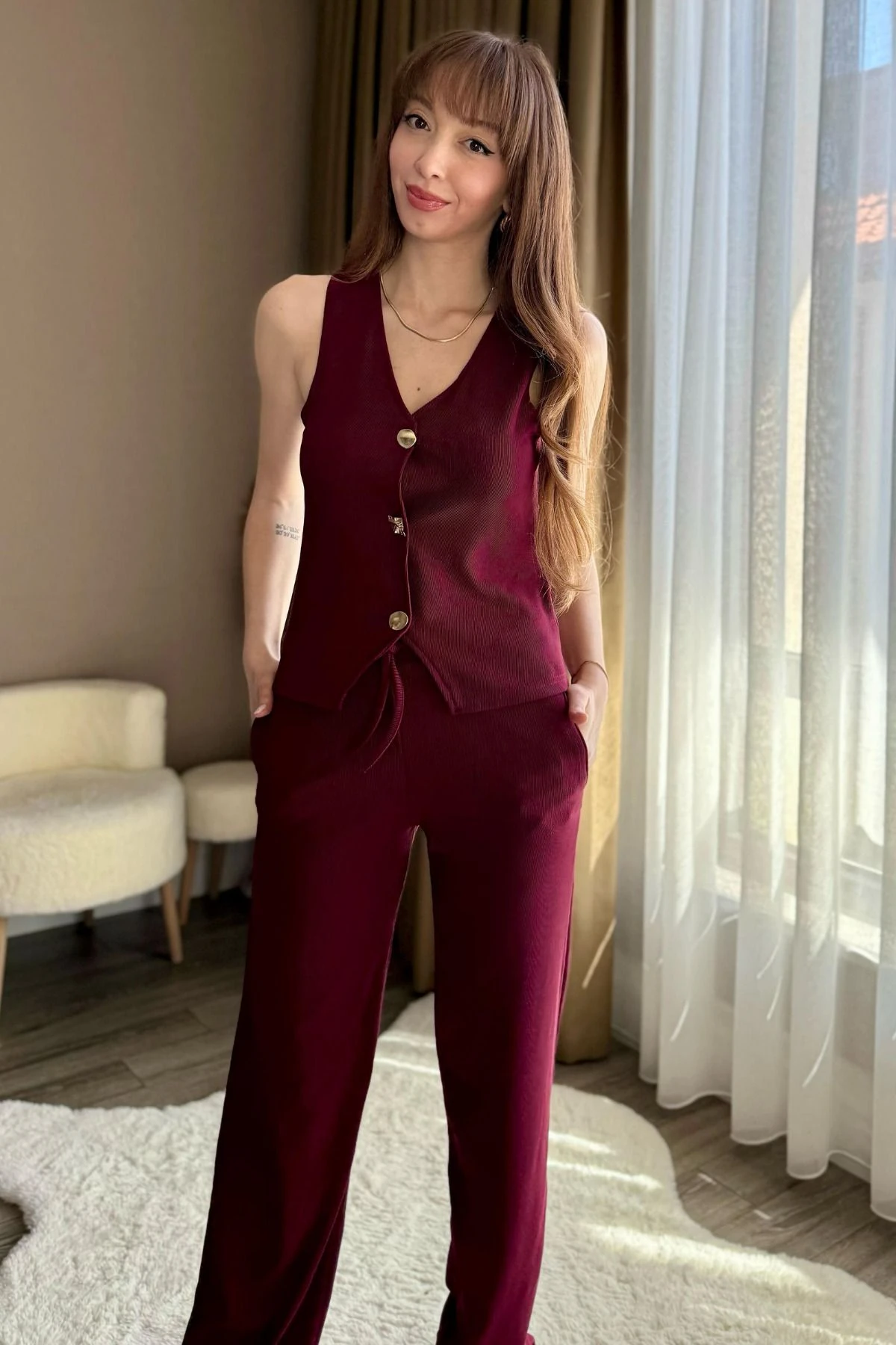 Ottoman Kumaş Gold Düğmeli Bluz Yelek