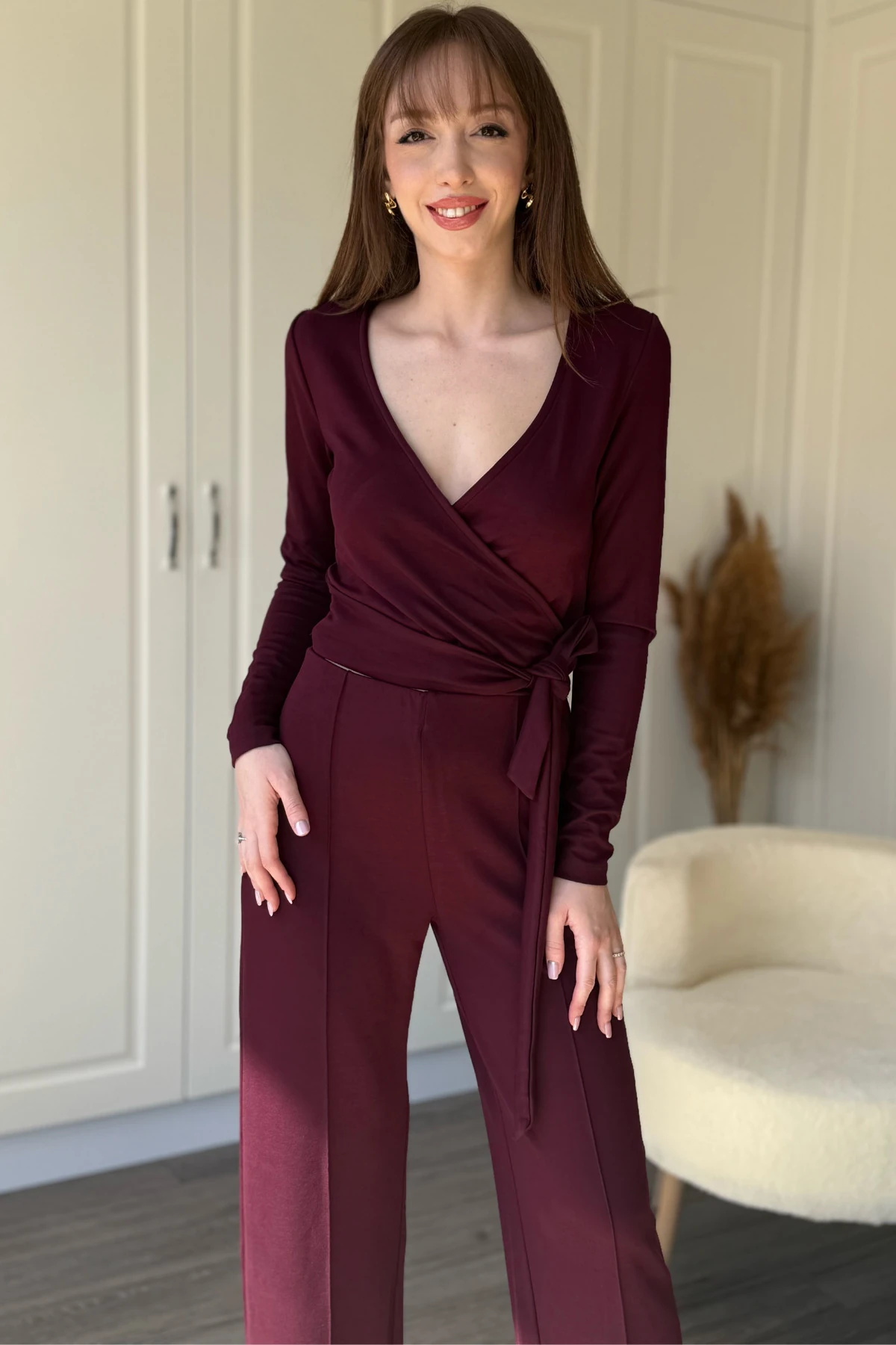 Modal Kumaş Bel Bağlamalı Alt Üst Bordo Takım