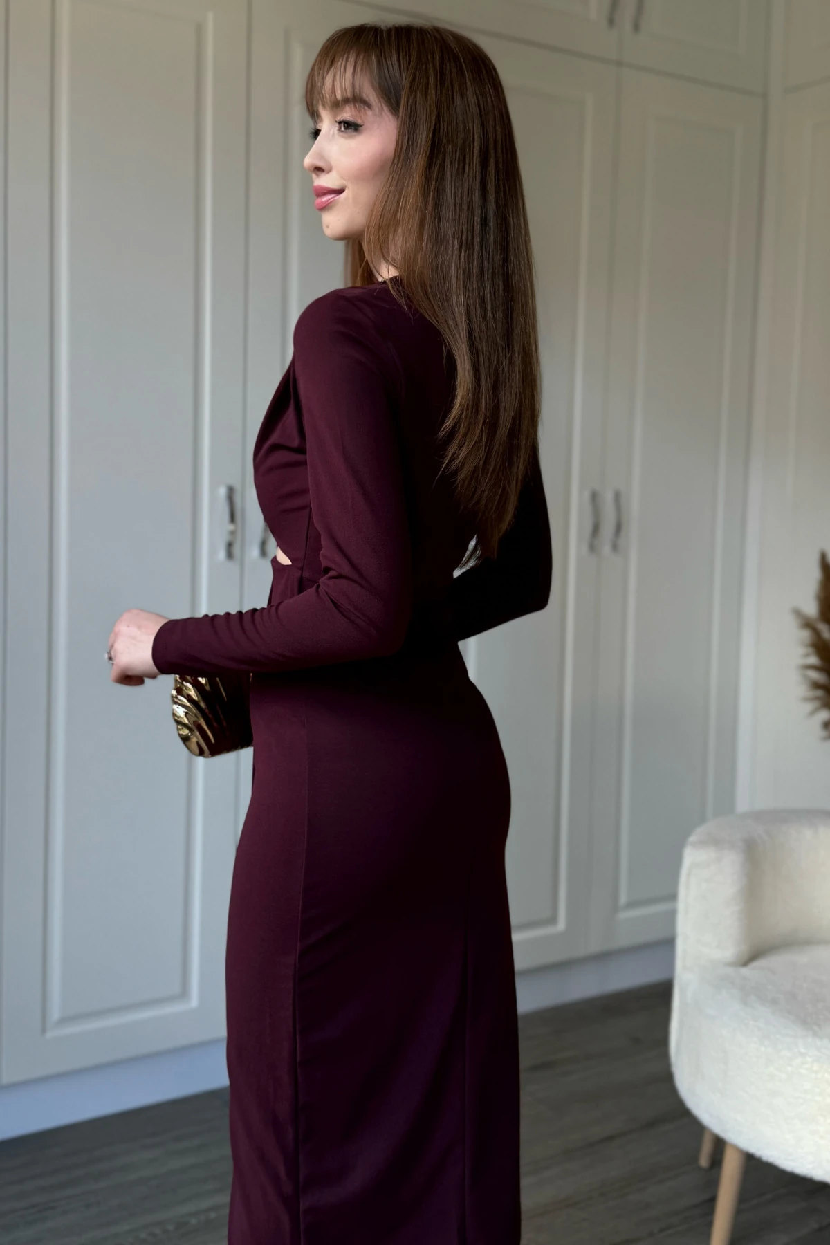 Bel Detaylı Uzun Kollu Midi Bordo Elbise