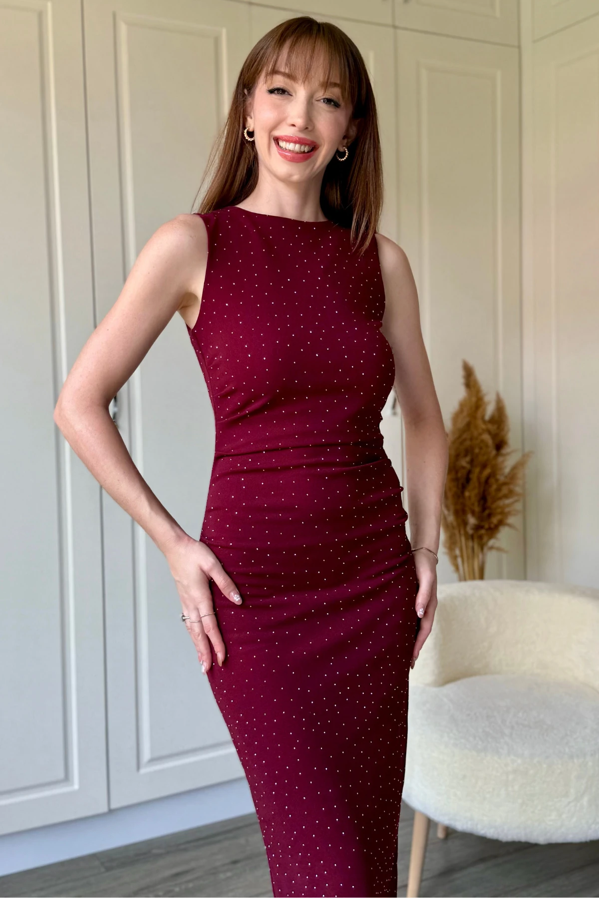 Drapeli Taşlı Midi Bordo Elbise