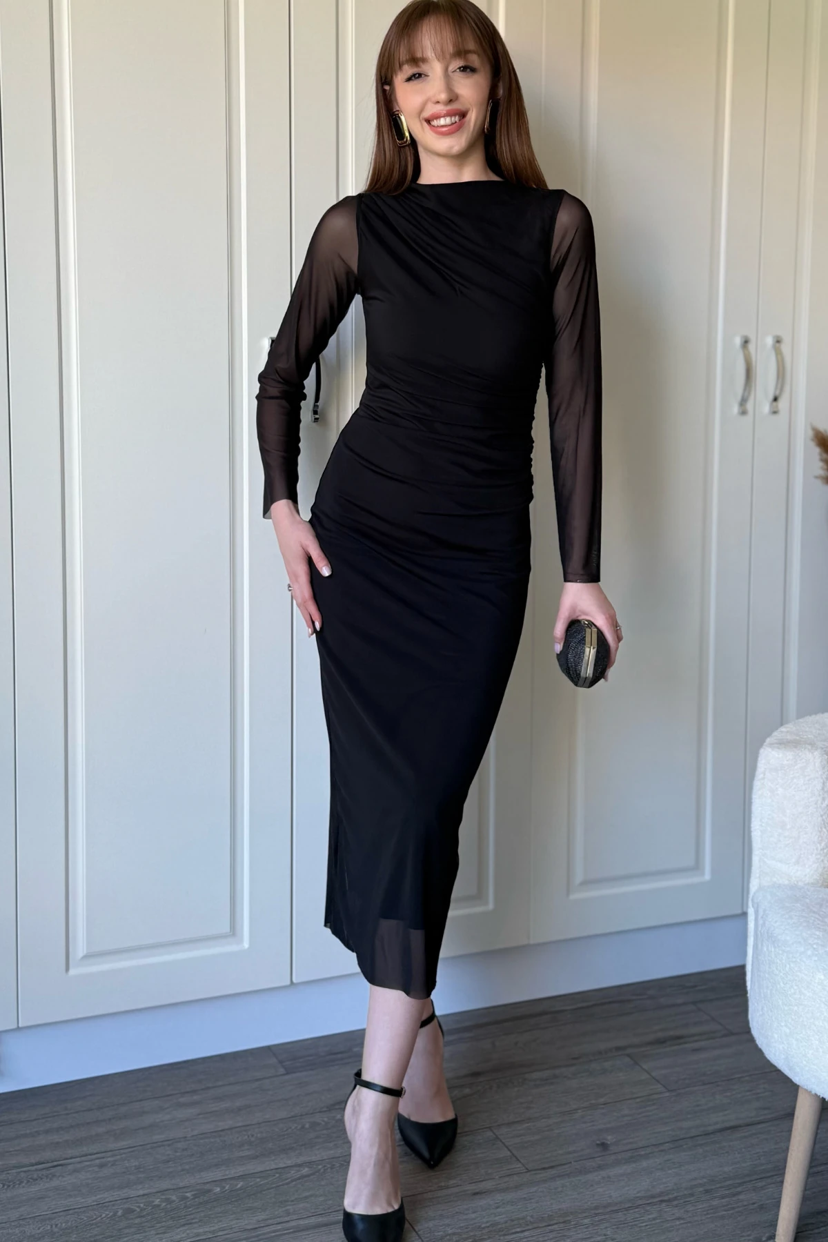 Drapeli Uzun Kollu Siyah Tül Elbise