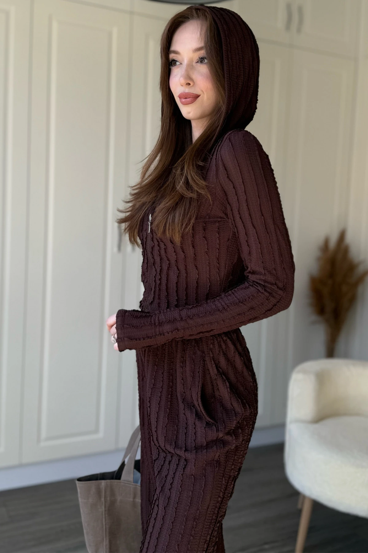 Fırfırlı Kapüşonlu Fermuarlı Crop Hırka Takım