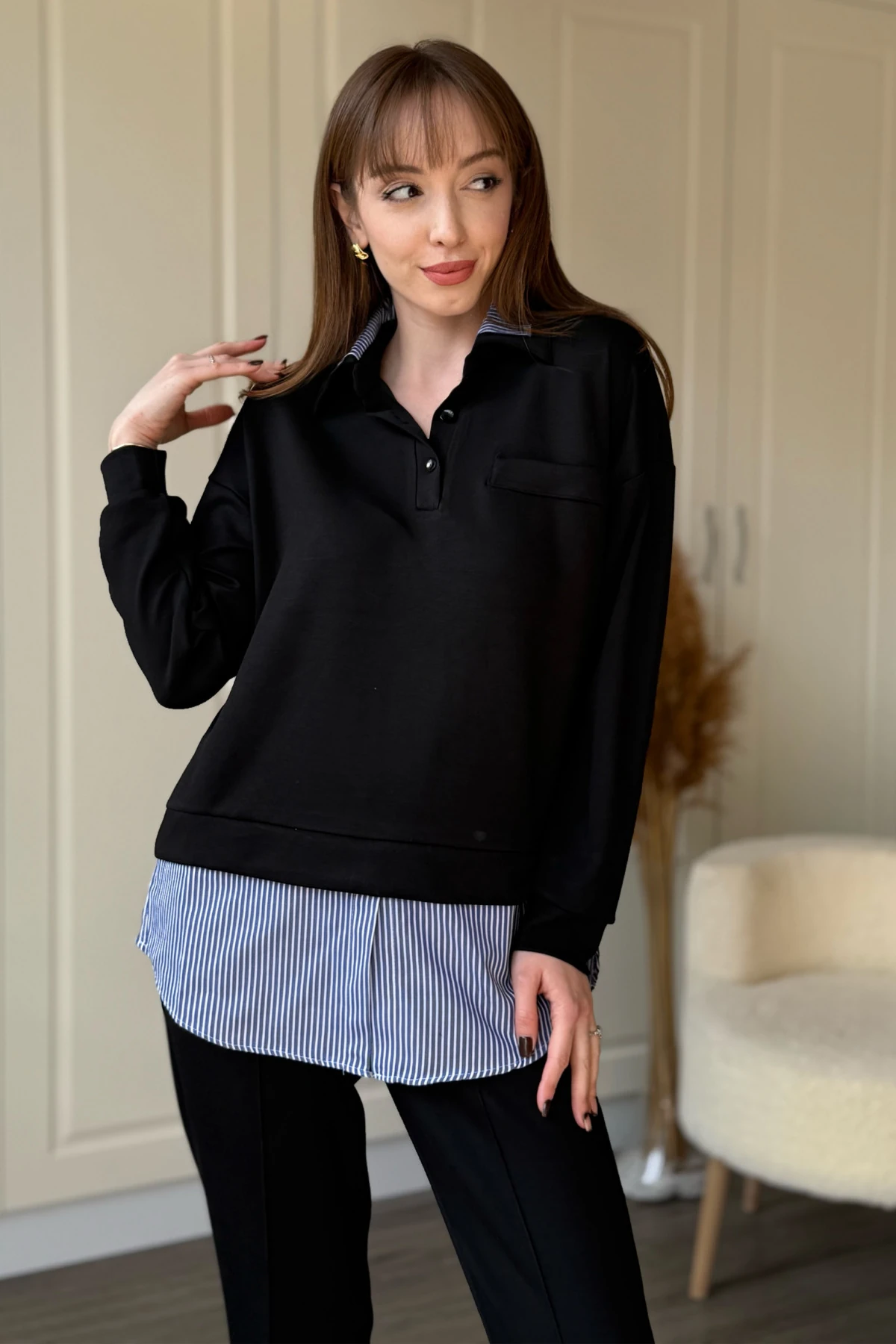 Gömlek Detaylı Polo Yaka Düğmeli Pantolon Takım