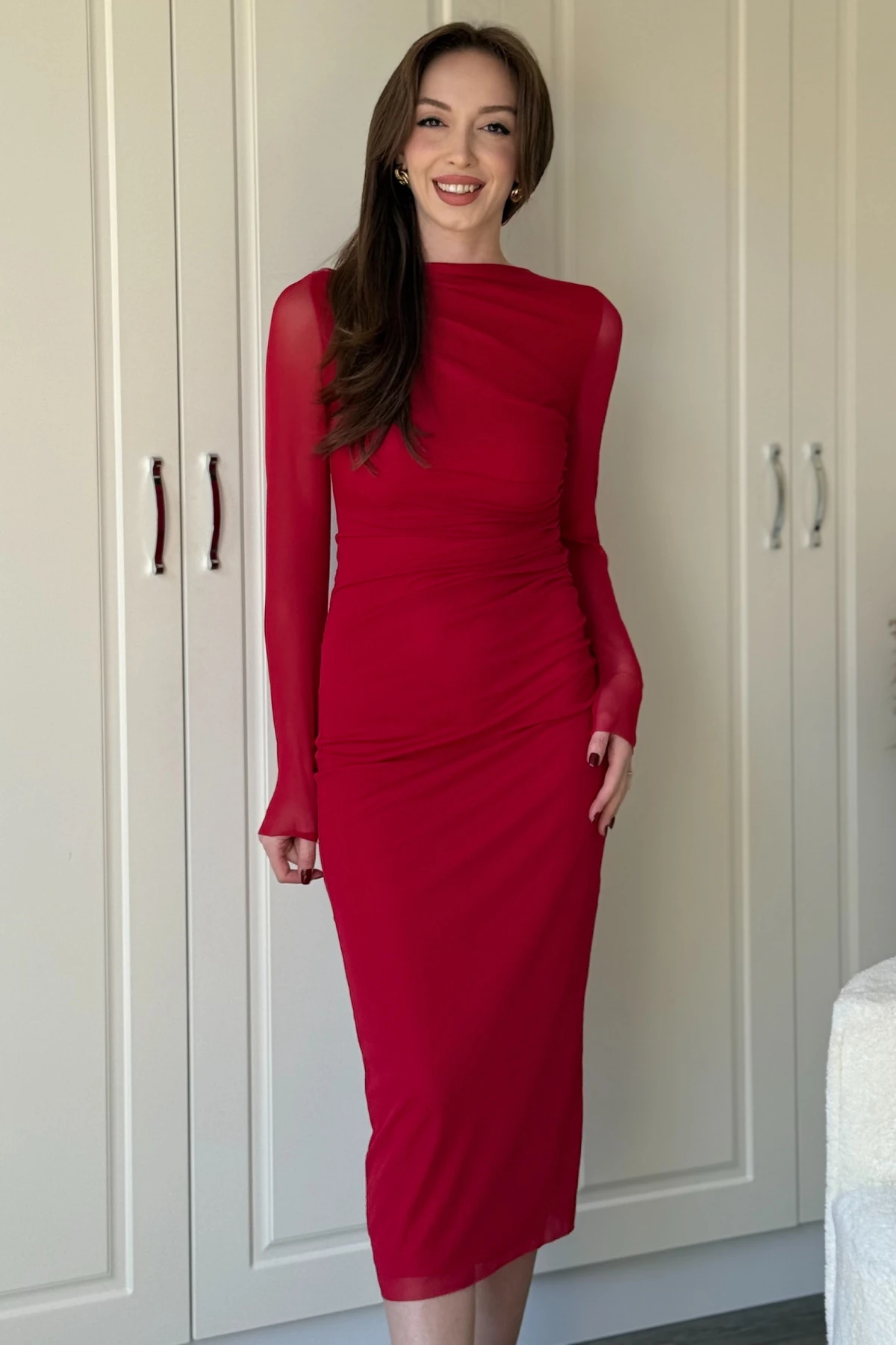 Drapeli Uzun Kol Kırmızı Midi Tül Elbise