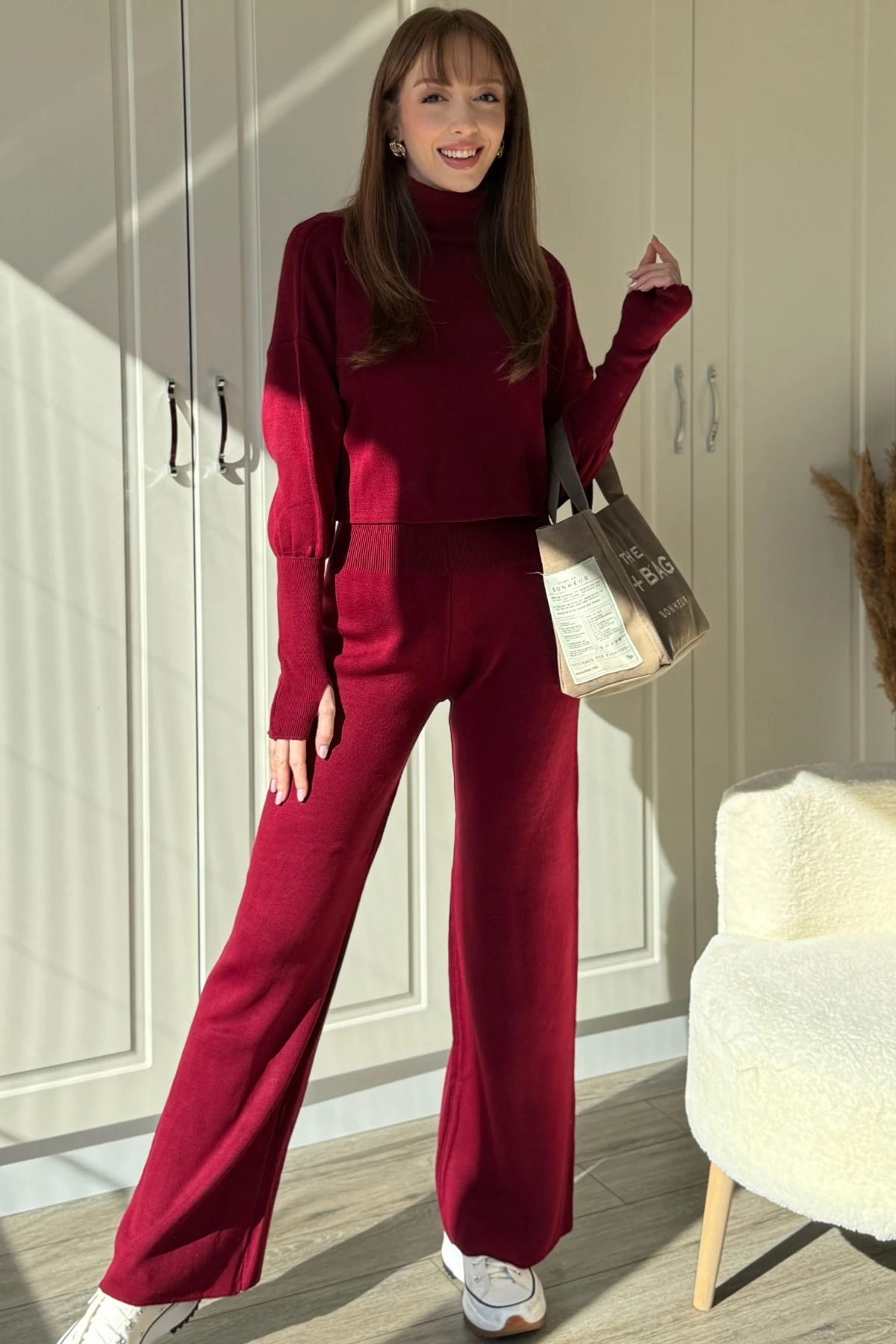 Boğazlı Kol Geçmeli Triko Bordo Takım