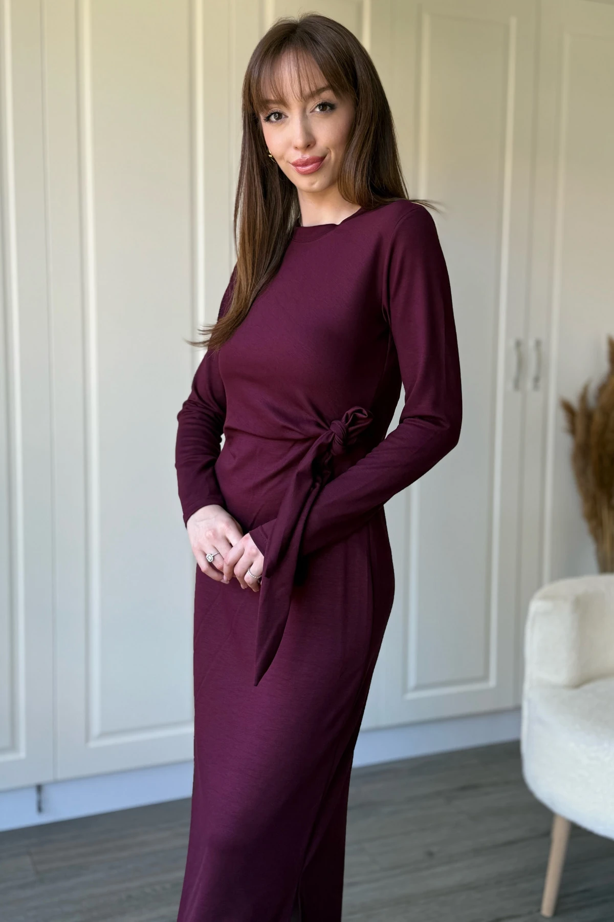 Bağlamalı Modal Uzun Kollu Midi Bordo Elbise