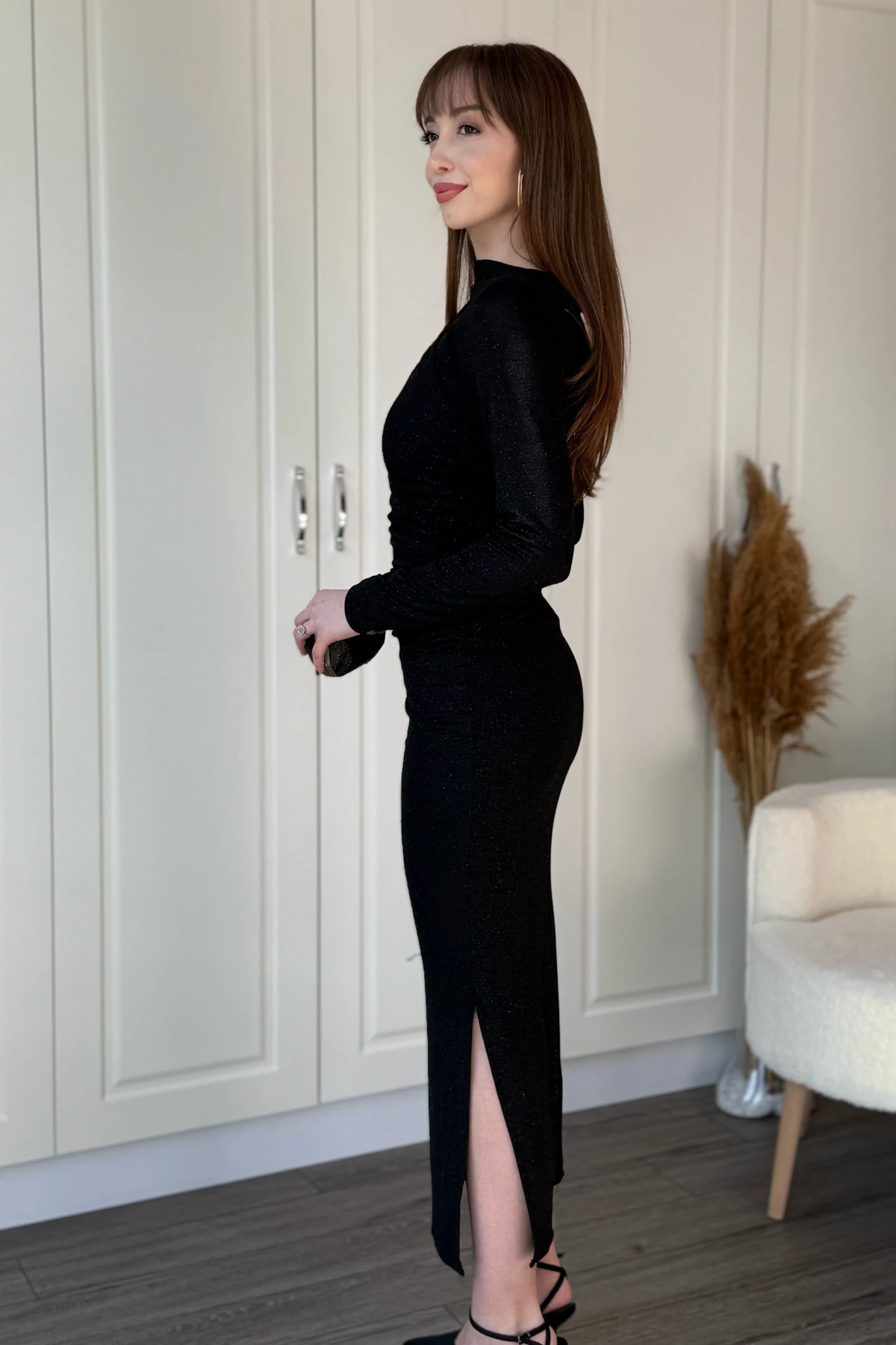 Simli Drapeli Uzun Kollu Zarif ve Şık Midi Elbise