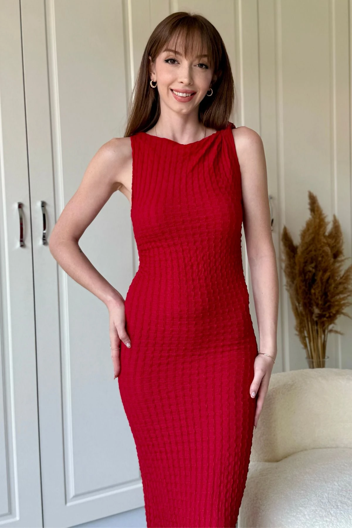 Gofre Kumaş Kolsuz Midi Drapeli Elbise