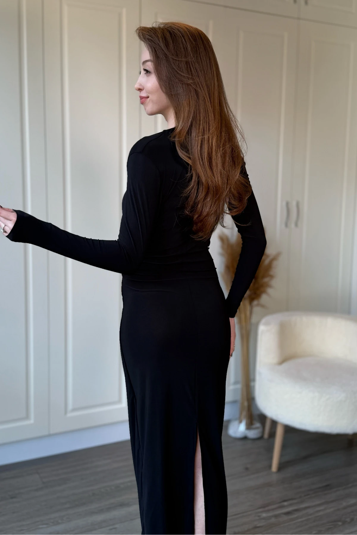 Omuz Drapeli Bel Aksesuarlı Maxi Elbise