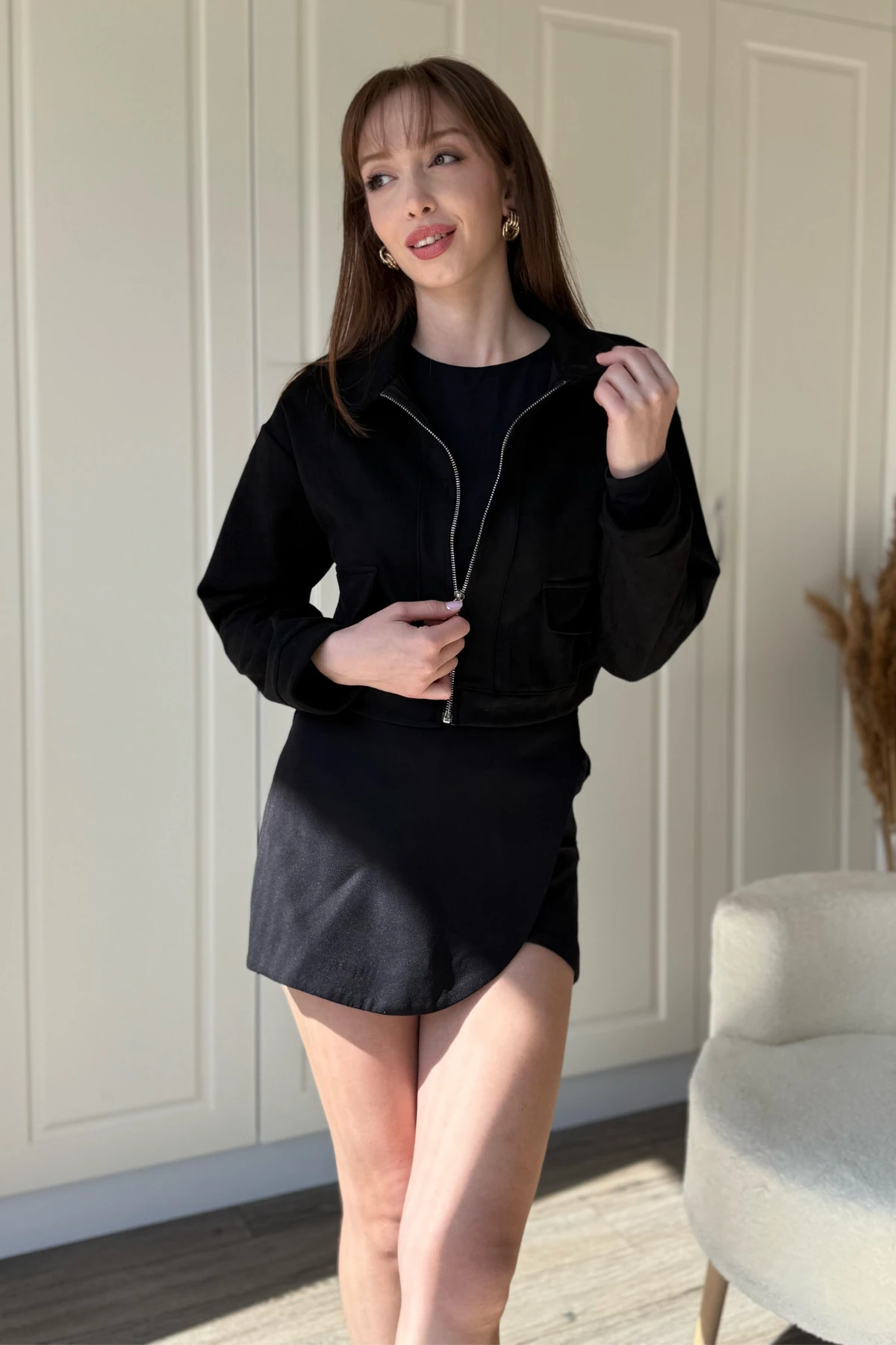 Süet Crop Fermuarlı Ceket