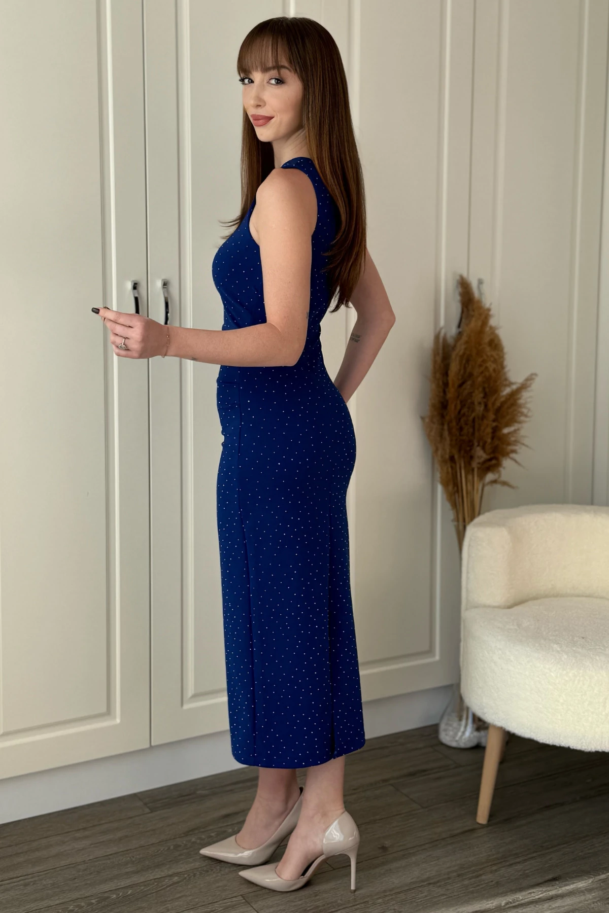 Drapeli Taşlı Midi Elbise