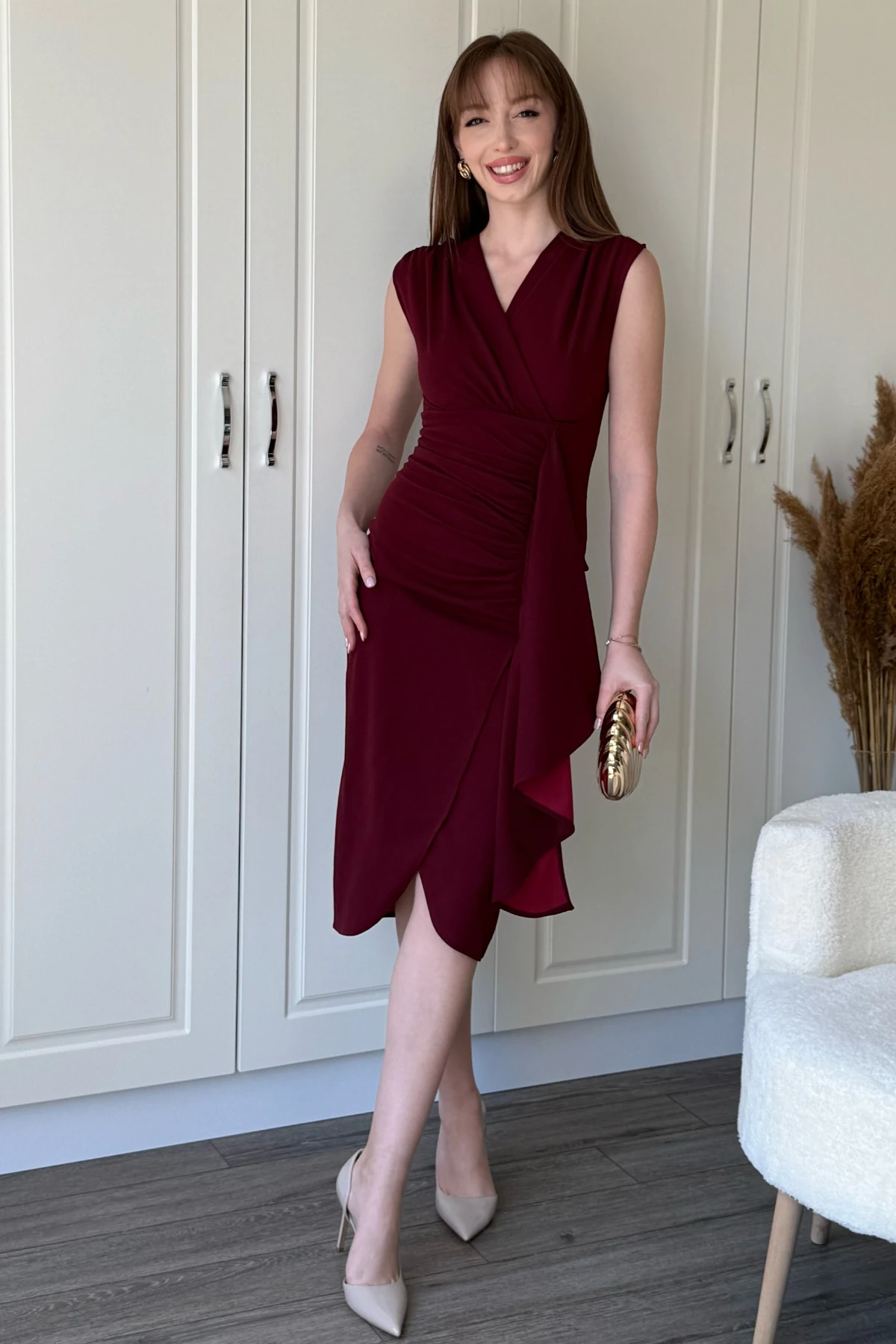 Fırfır Detaylı Kruvaze Yaka Midi Bordo Elbise