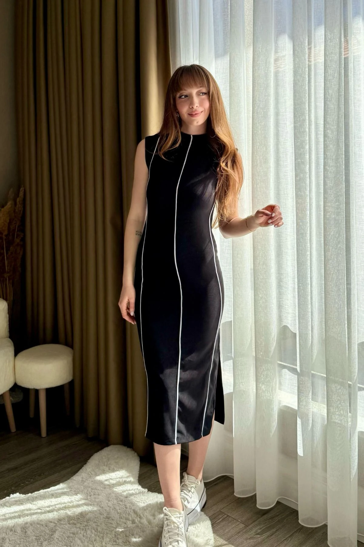 Ottoman Kumaş Biyeli Yırtmaçlı Elbise